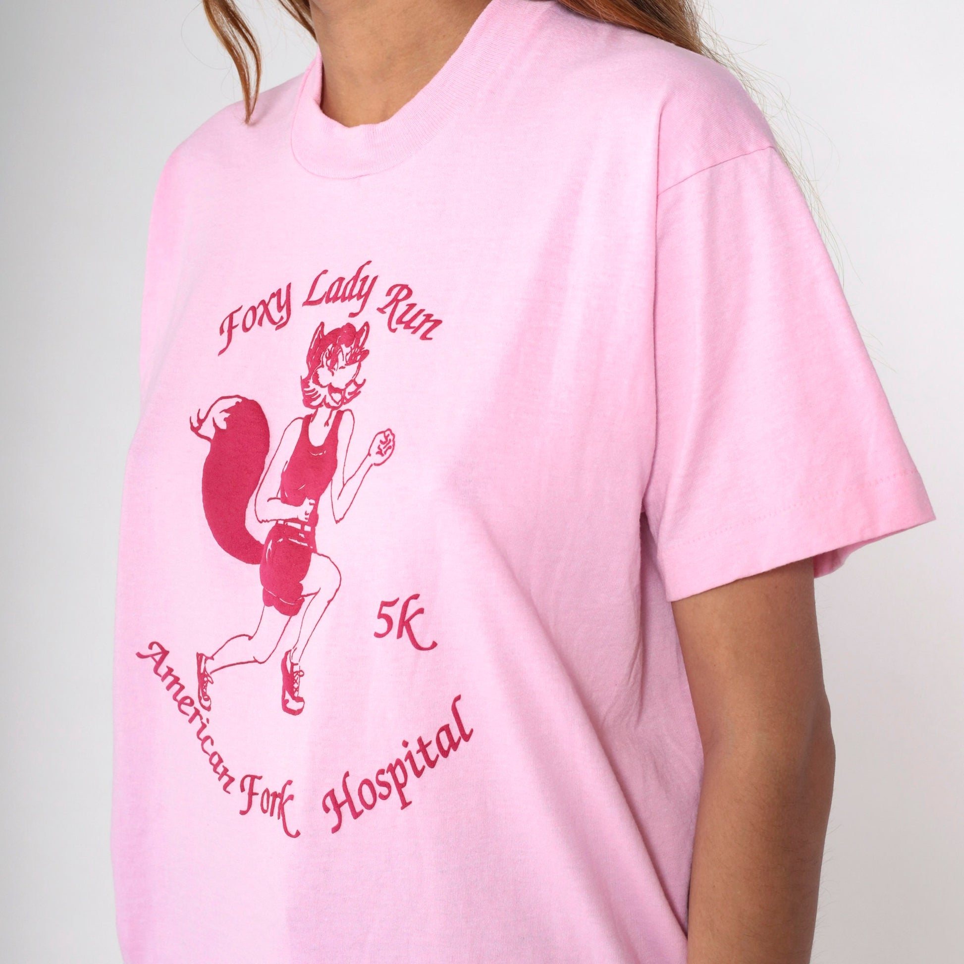 80s Foxy Lady Run 5K American Fork Hospital Graphic Tee Pink Single Stitch Medium