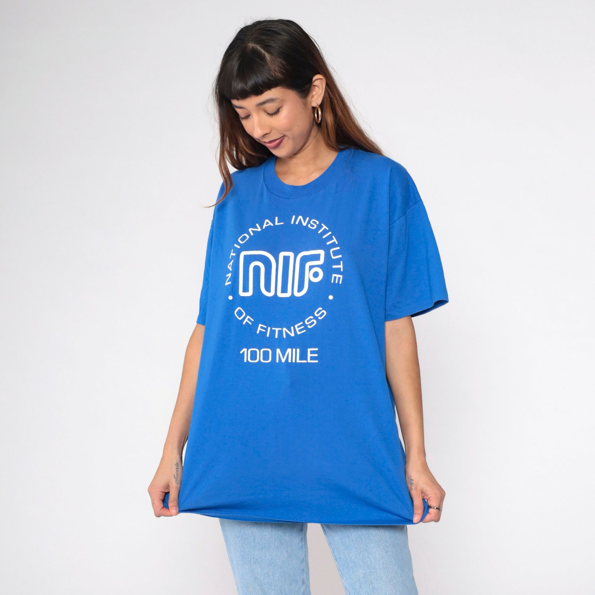 90s National Institute of Fitness 100 Mile Graphic T-Shirt Blue Extra Large XXL