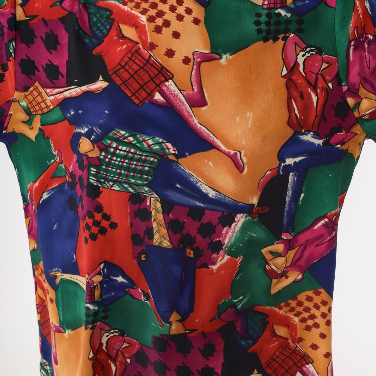 90s Checkered Runway Model Print Blouse Multicolor Long Sleeve Large