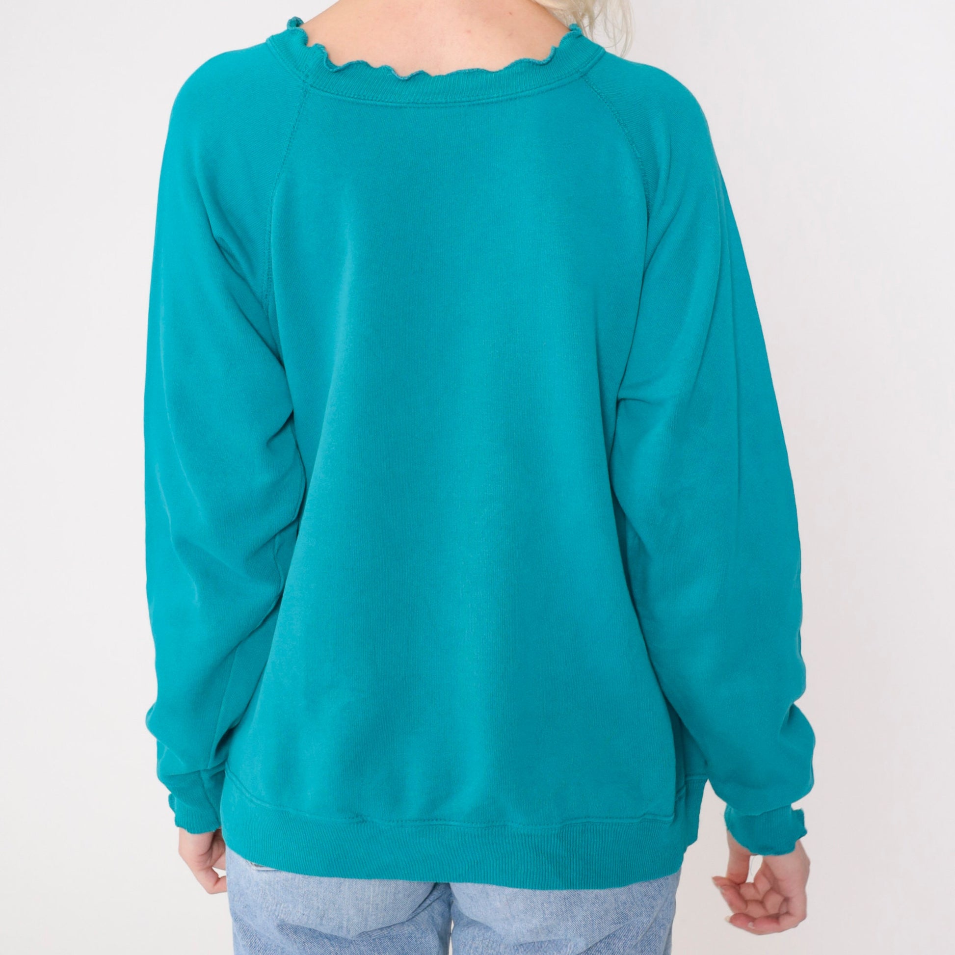 90s Hanes Her Way Turquoise Floral Glitter Sweatshirt Lettuce Edge Medium