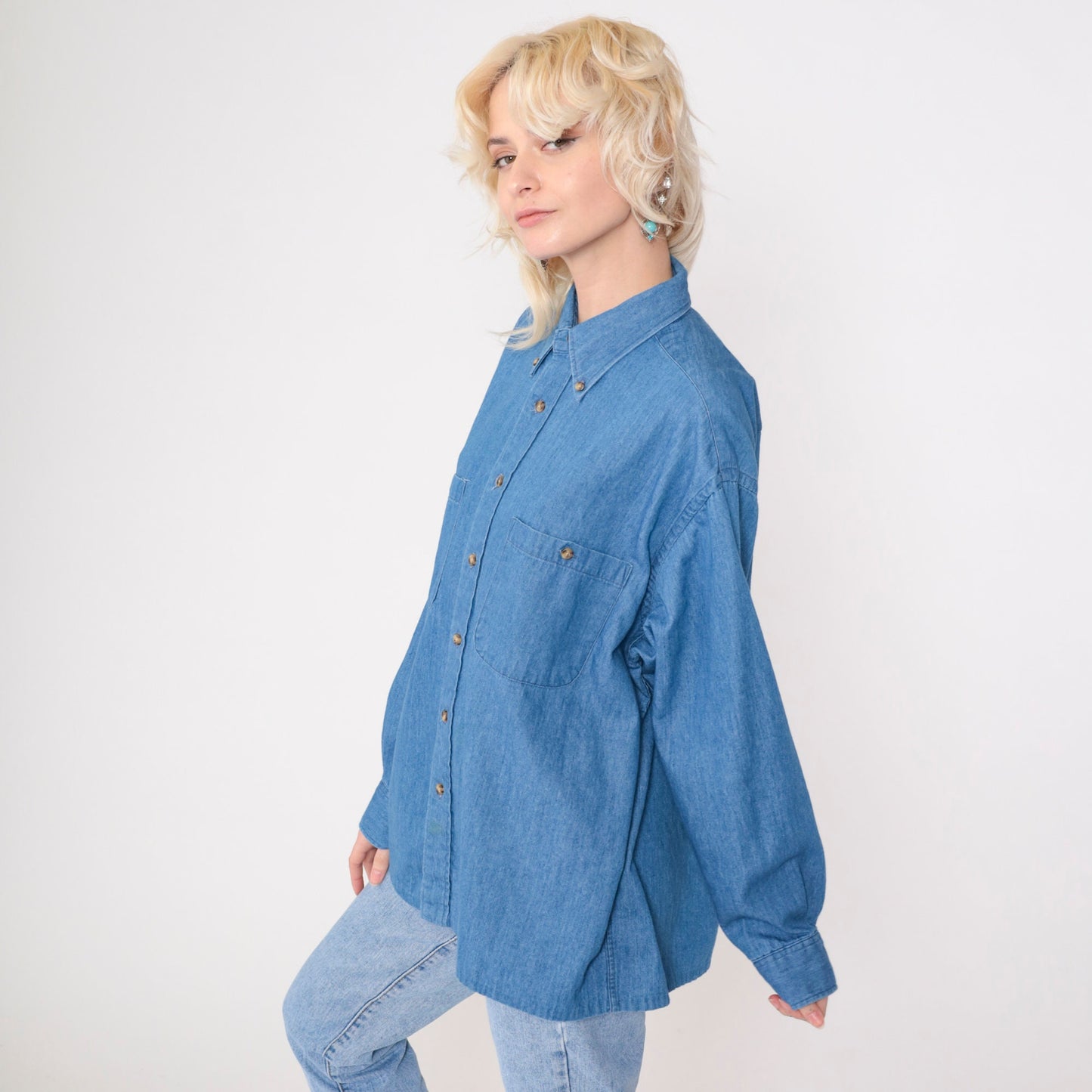 90s Club Room Blue Denim Button-Up Shirt Long Sleeve Cotton Men's 16 1/2