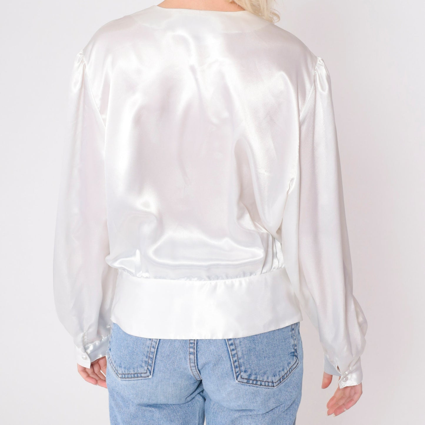 80s Westbound White Satin Blouse Paisley Beaded Sequin Puff Sleeve Large 14