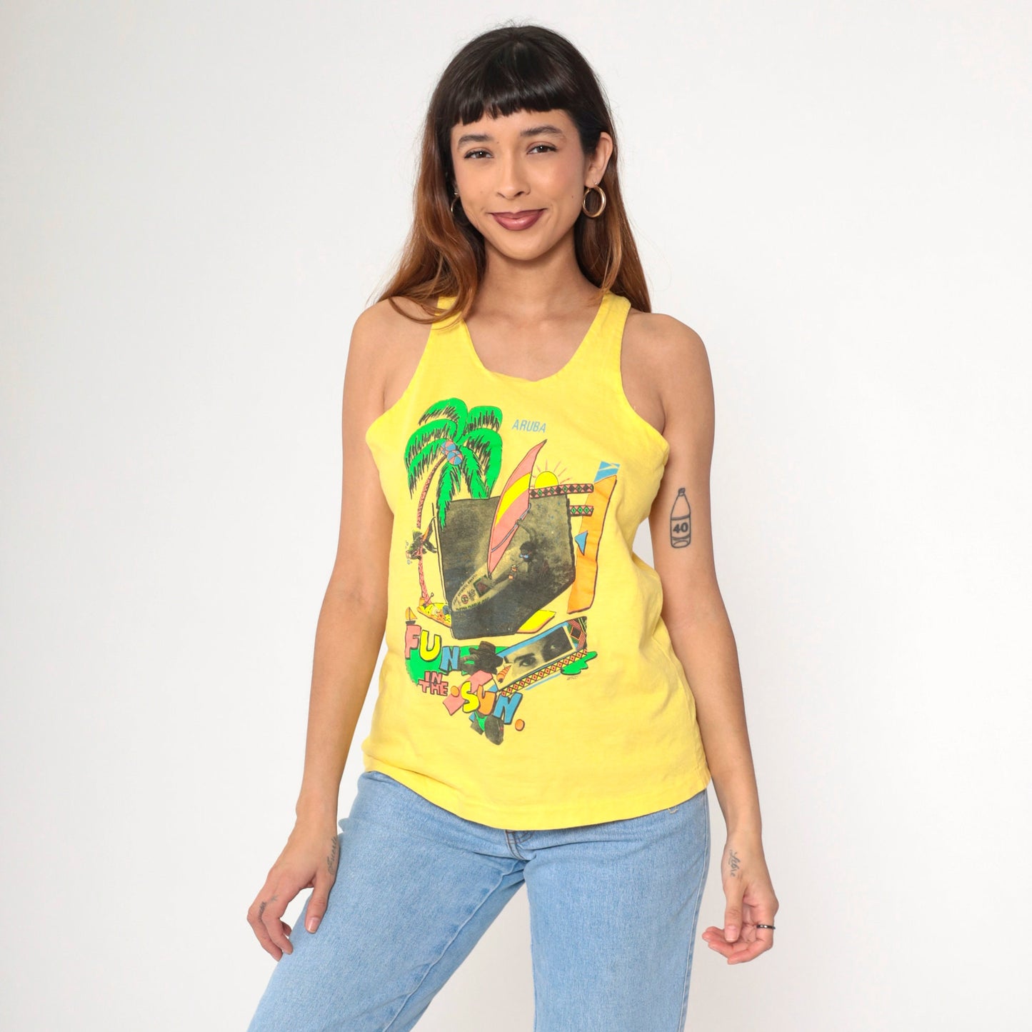 90s Aruba Windsurfing Tank Top Yellow Graphic Caribbean Small