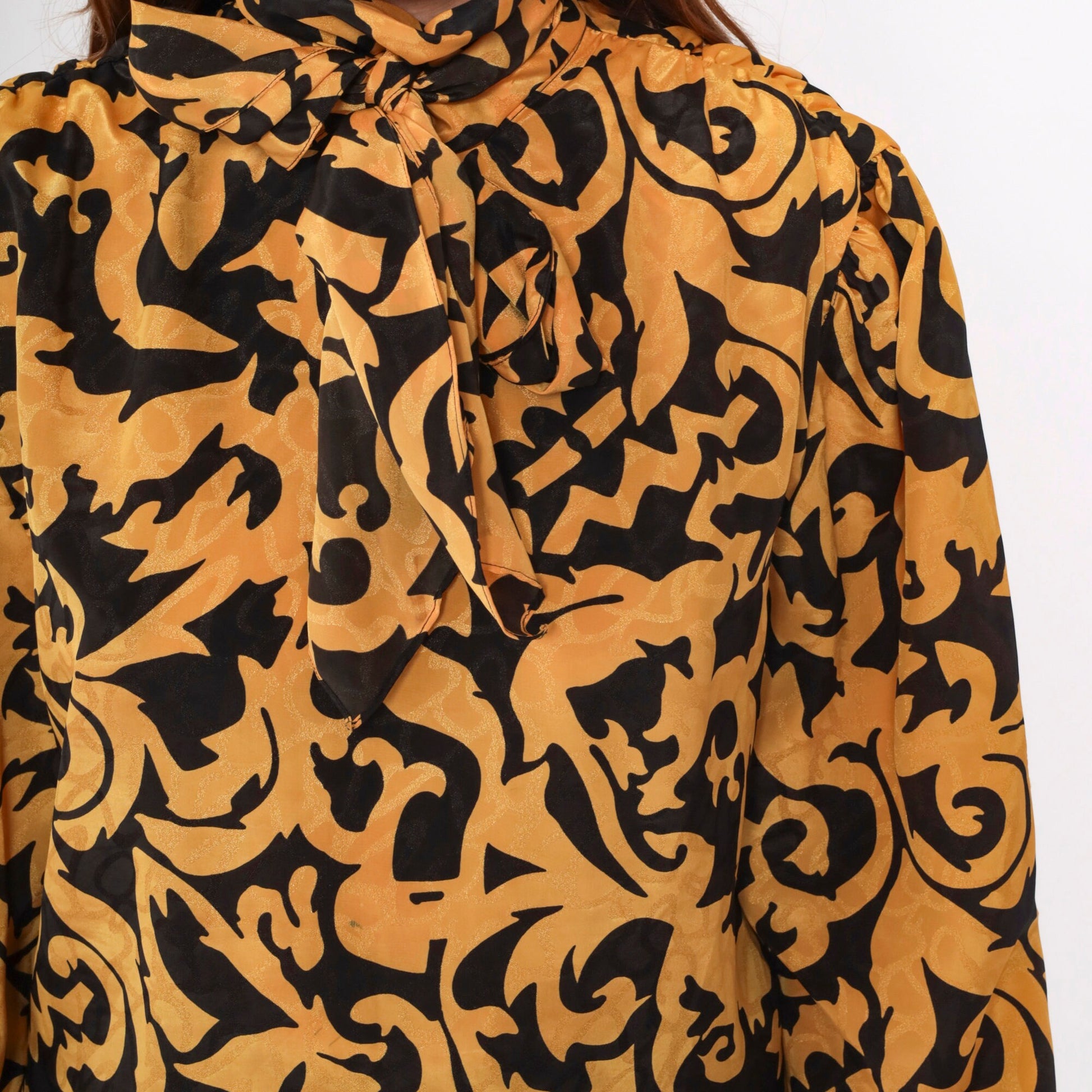 90s Anne Klein Baroque Blouse Puff Sleeve Ascot Neckline Black Gold Large 14