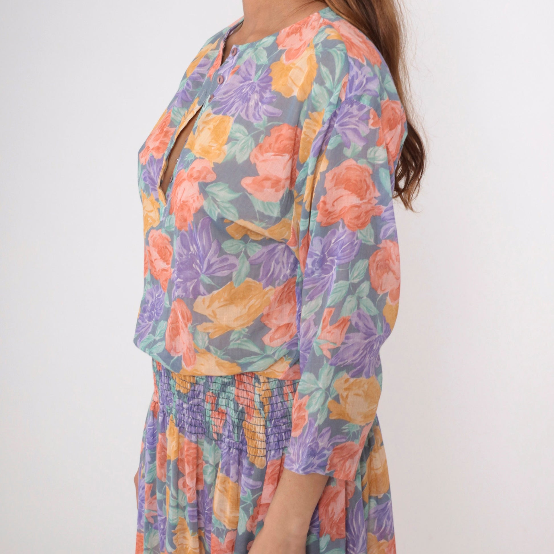80s Starlo Fashions Floral Midi Dress Smocked Waist Henley Neckline Medium