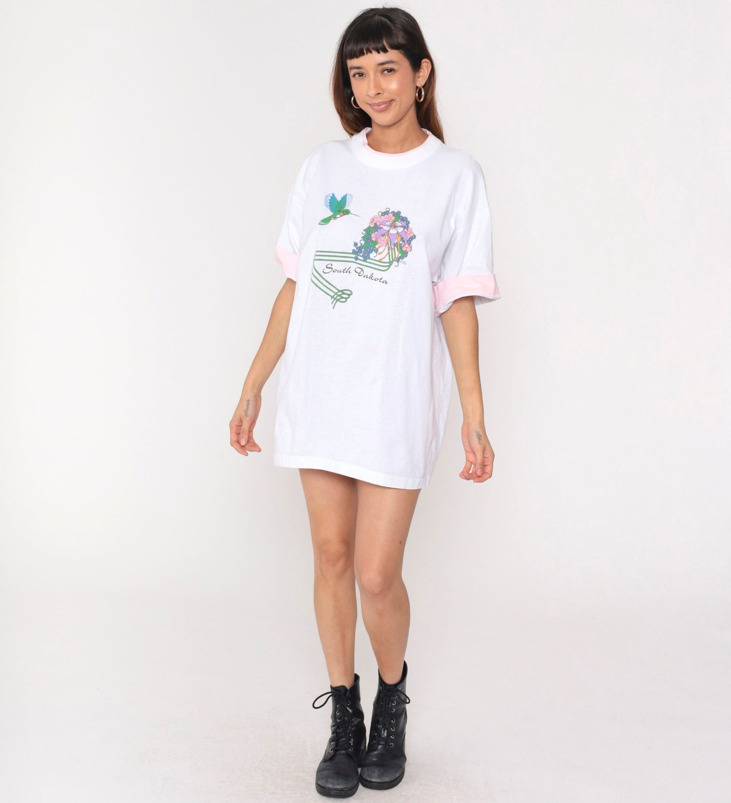 80s South Dakota Hummingbird Floral Graphic T-Shirt White Cotton Extra Large XL