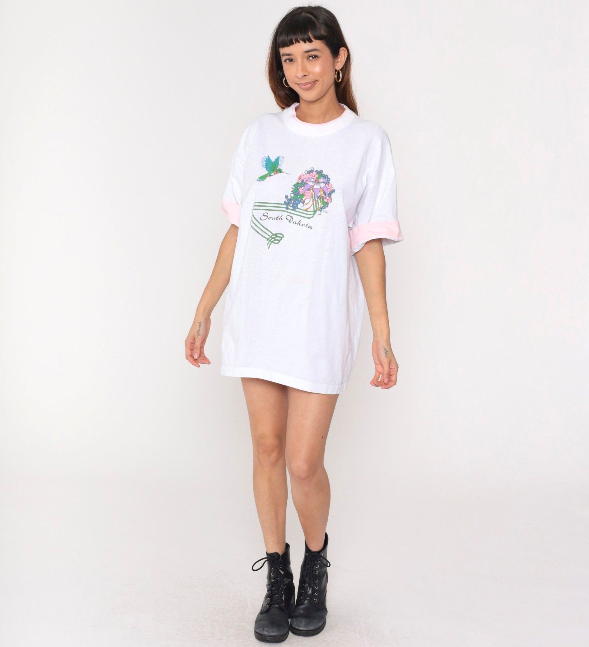 80s South Dakota Hummingbird Floral Graphic T-Shirt White Cotton Extra Large XL