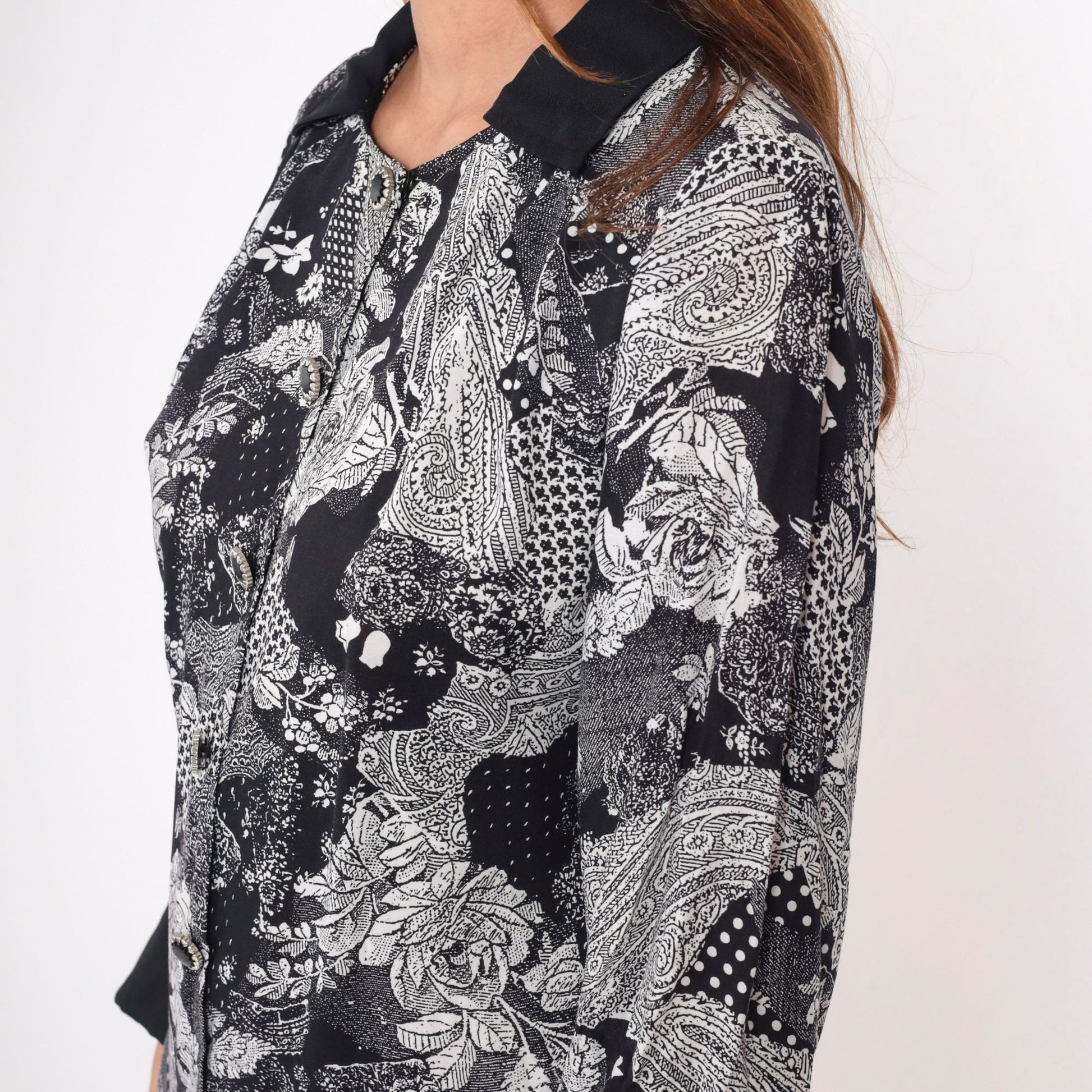 90s Patchwork Paisley Floral Mini Dress Black White Button Up Long Sleeve Medium