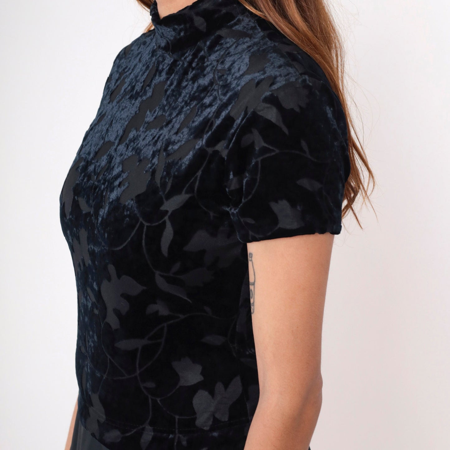 90s Black Velvet Burnout Maxi Dress Leaf Print Mock Neck Drop Waist Small 6