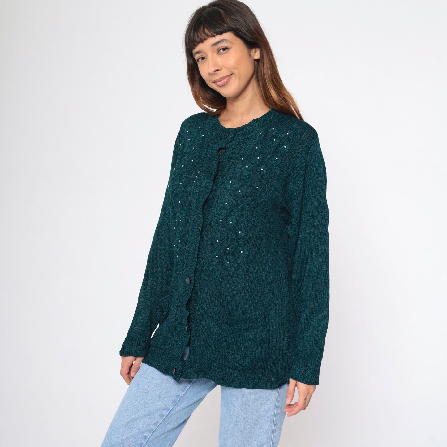 90s Beaded Floral Cardigan Blue Black Pearl Button-Up Knit Large L