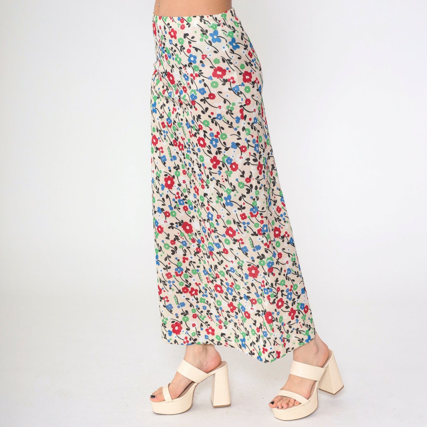70s Floral Maxi Skirt High Waist Elastic Cream Red Green Blue Medium