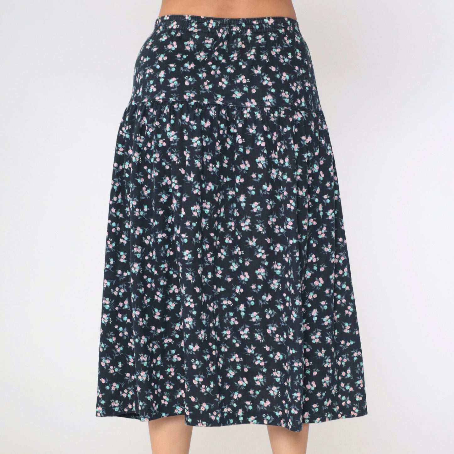 90s Black Floral Midi Skirt High Waist Yoke Calico Print Medium