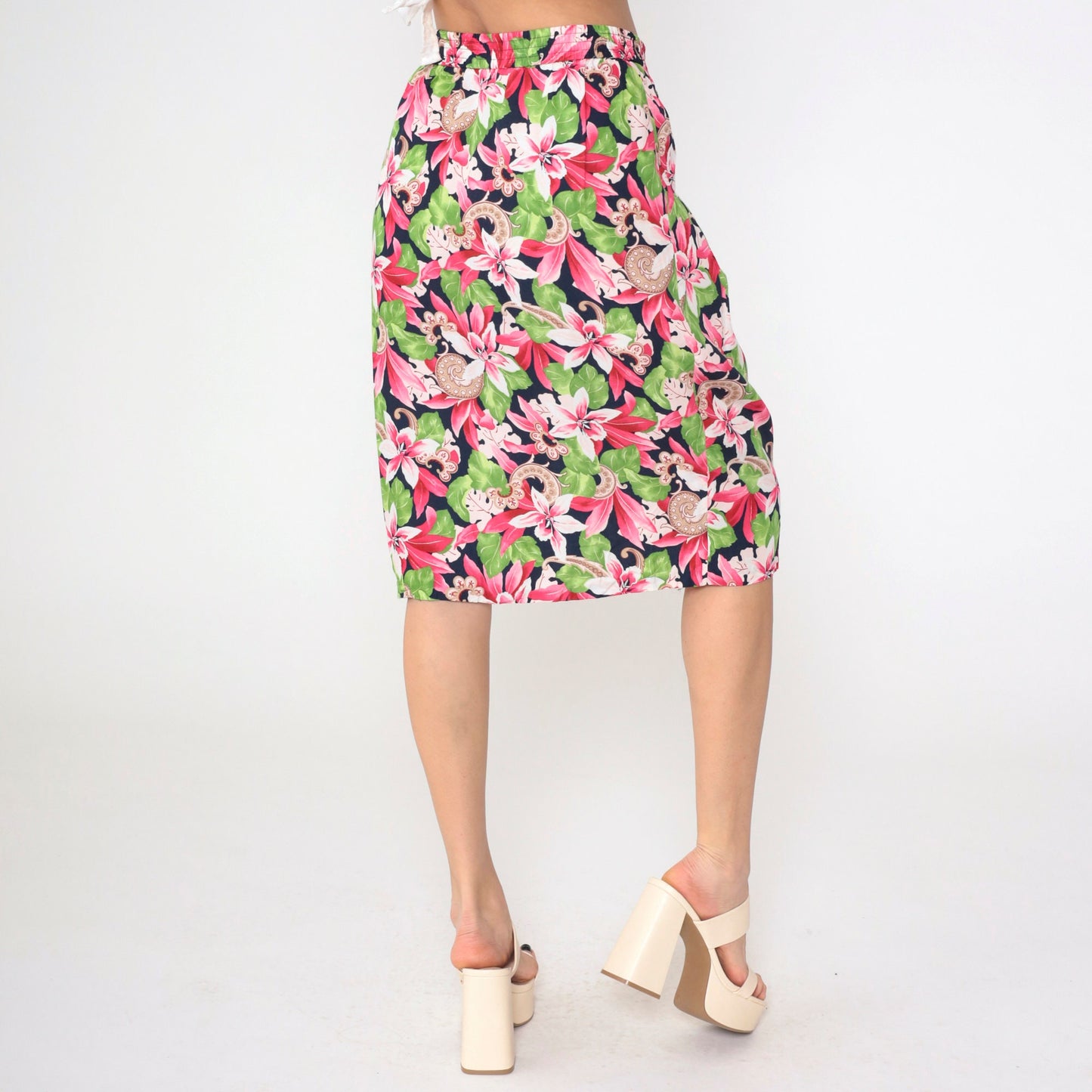 90s Evan Picone Tropical Floral Midi Skirt Navy Pleated High Waist Medium