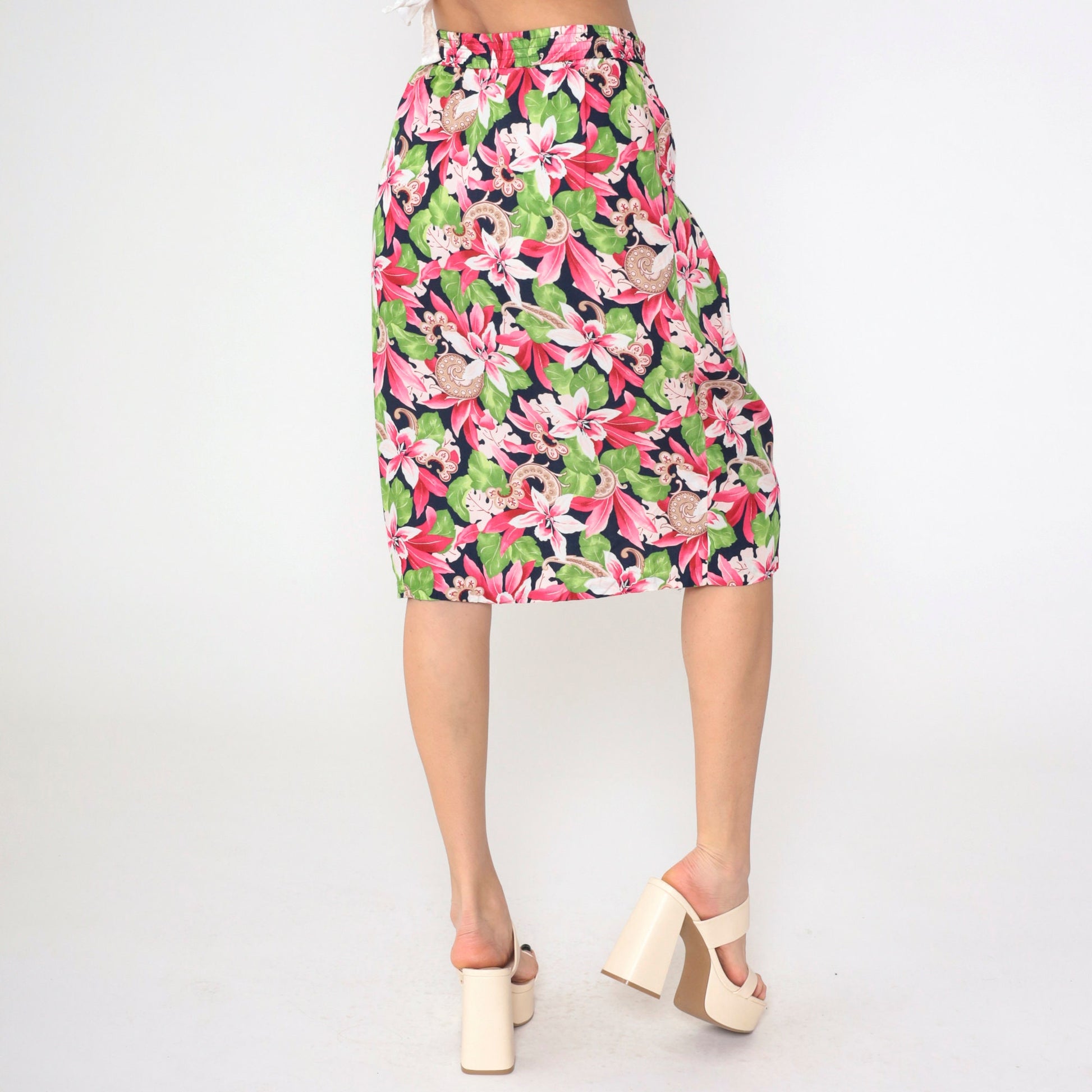 90s Evan Picone Tropical Floral Midi Skirt Navy Pleated High Waist Medium
