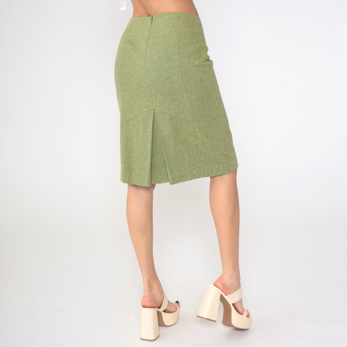90s Ann Taylor Loft Green Wool Pencil Skirt Midi Kick Pleat Small