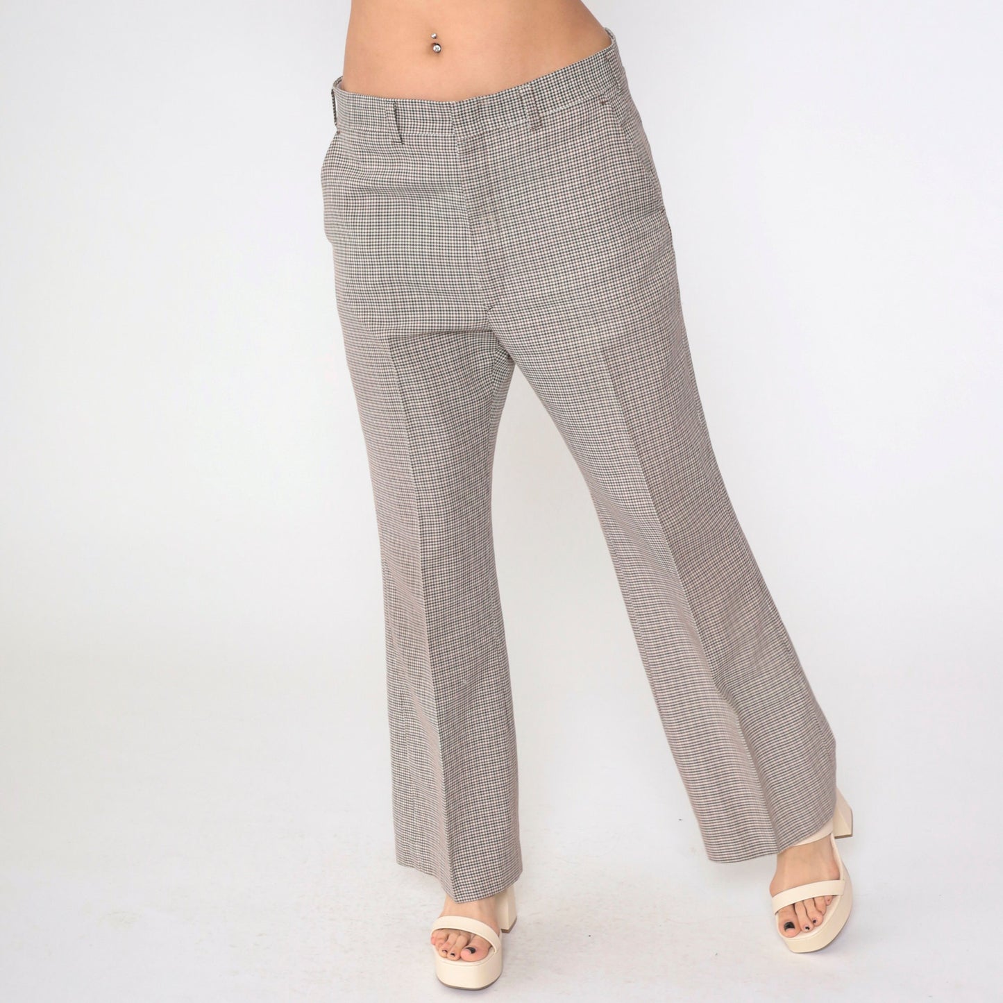 70s Haggar Houndstooth Bell Bottom Trousers Black Brown White High Waist Medium Large