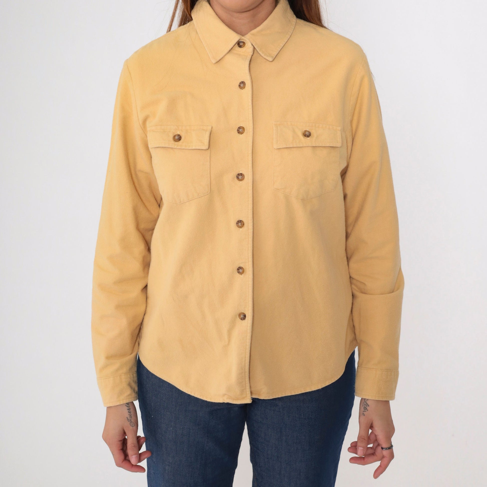 90s LL Bean Cotton Button Up Shirt Muted Yellow Long Sleeve Medium