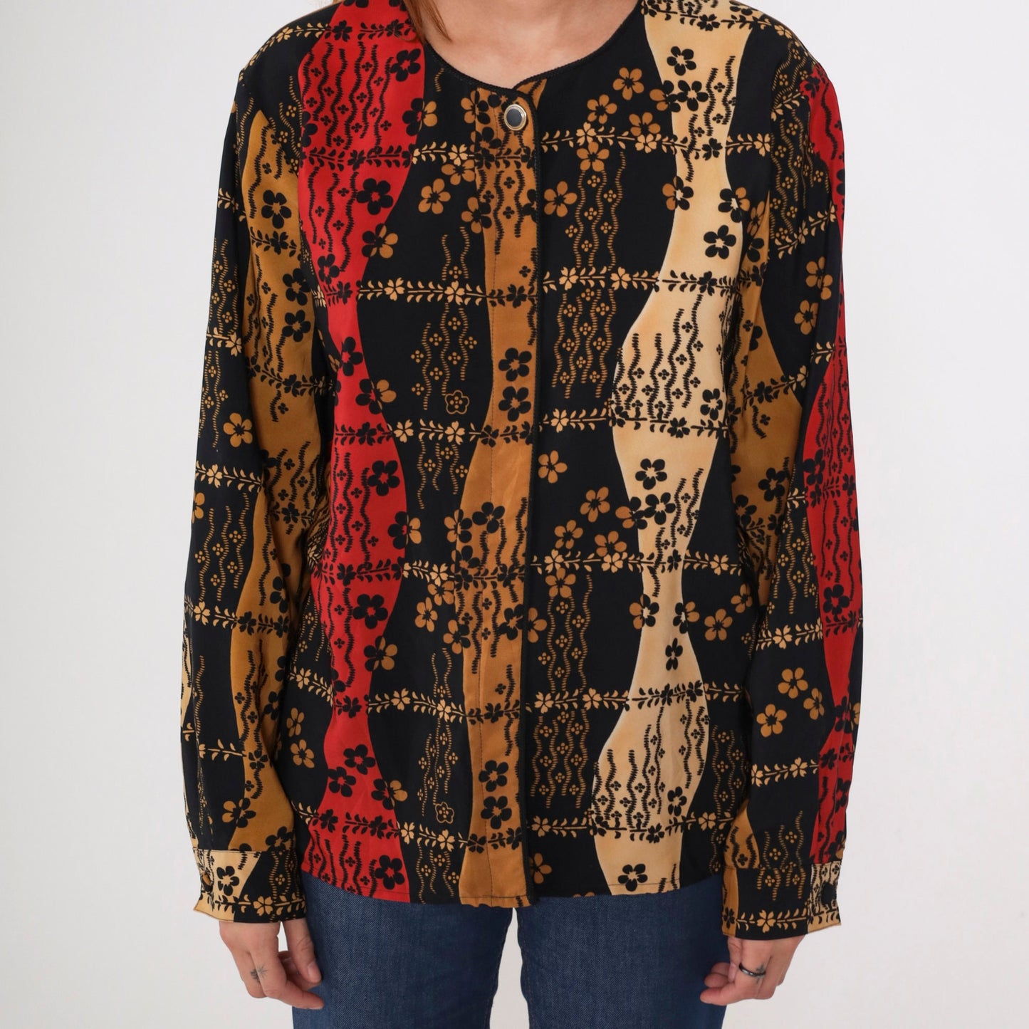 90s Jordan Floral Button-Up Blouse Hidden Buttons Long Sleeve Black Red Brown Large