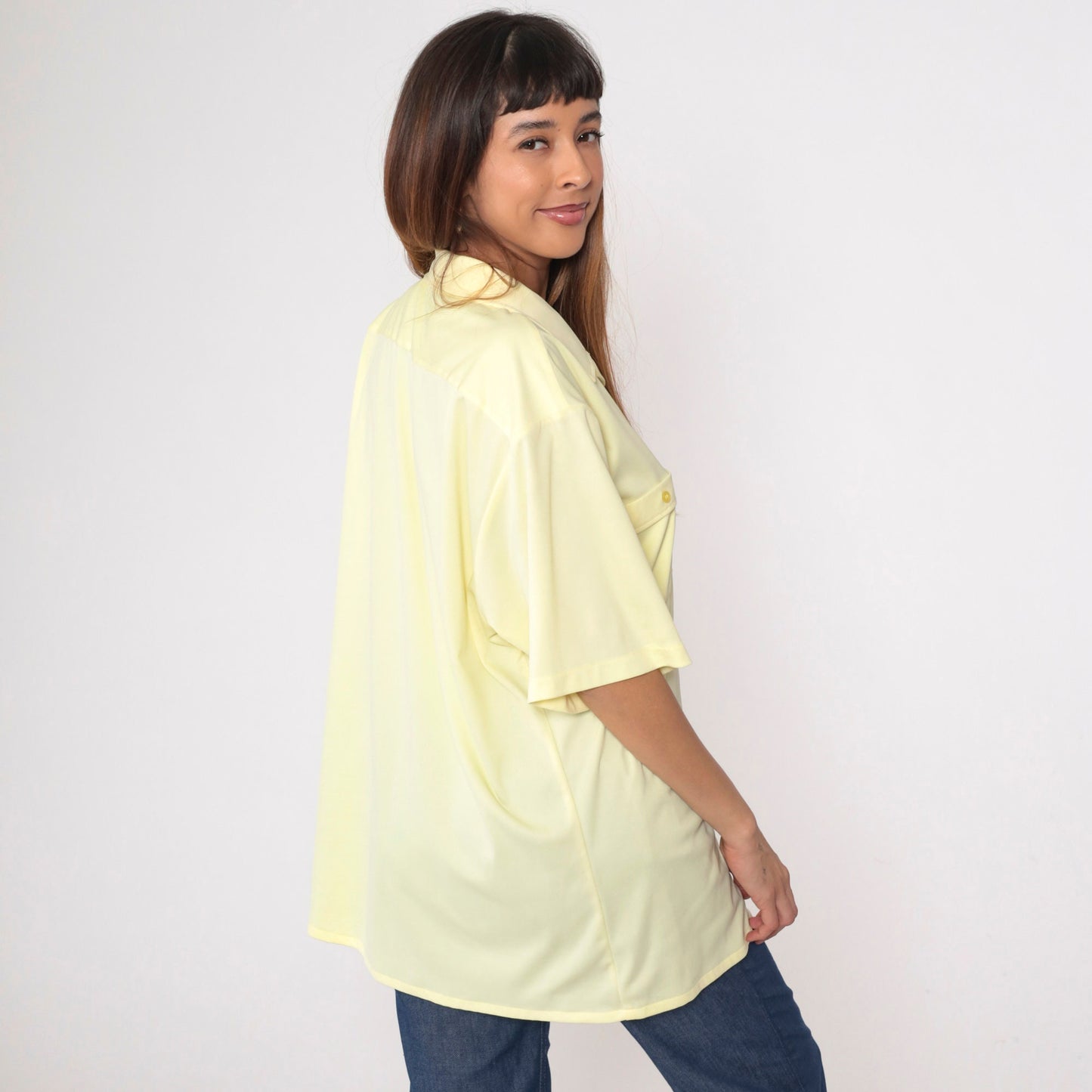 80s Yellow Button-Up Shirt Men's Extra Large Chest Pocket Short Sleeve