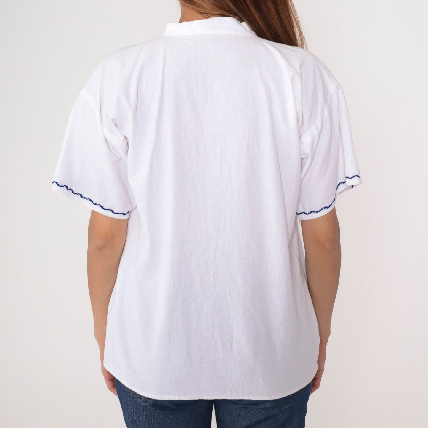 90s White Tunic Top Geometric Embroidery Button-Up Blouse Medium