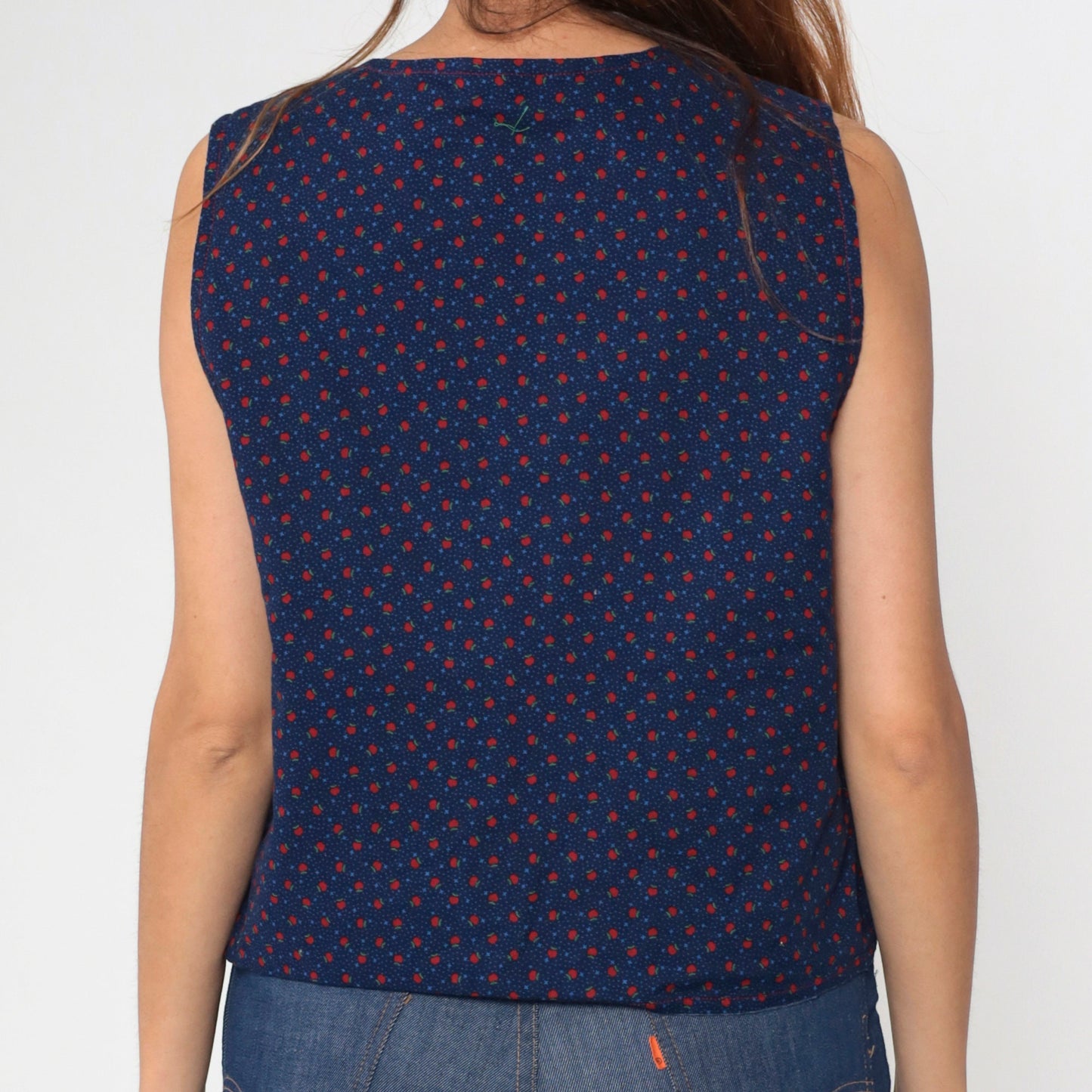70s Blue Button-Up Vest Apple Print Sleeveless Jacket Medium