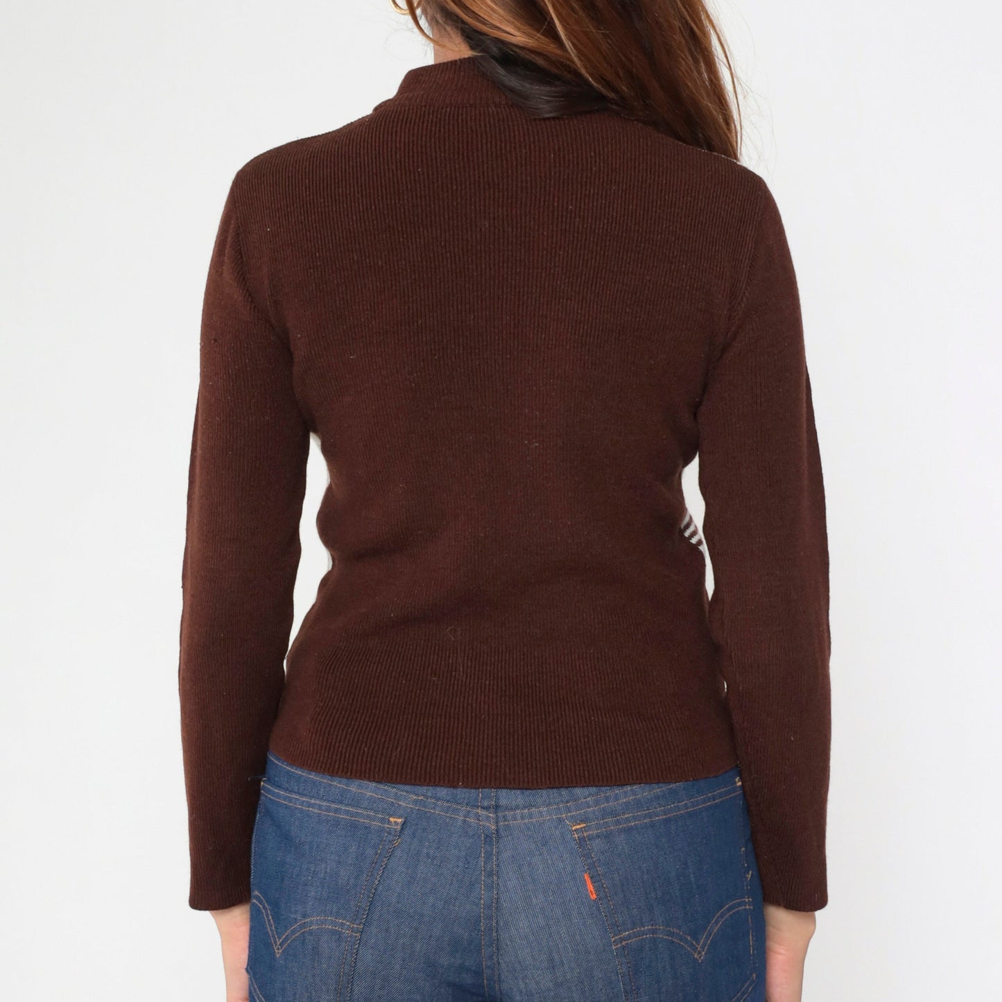 70s Leaf Print Mock Neck Sweater Brown White Striped Knit Extra Small