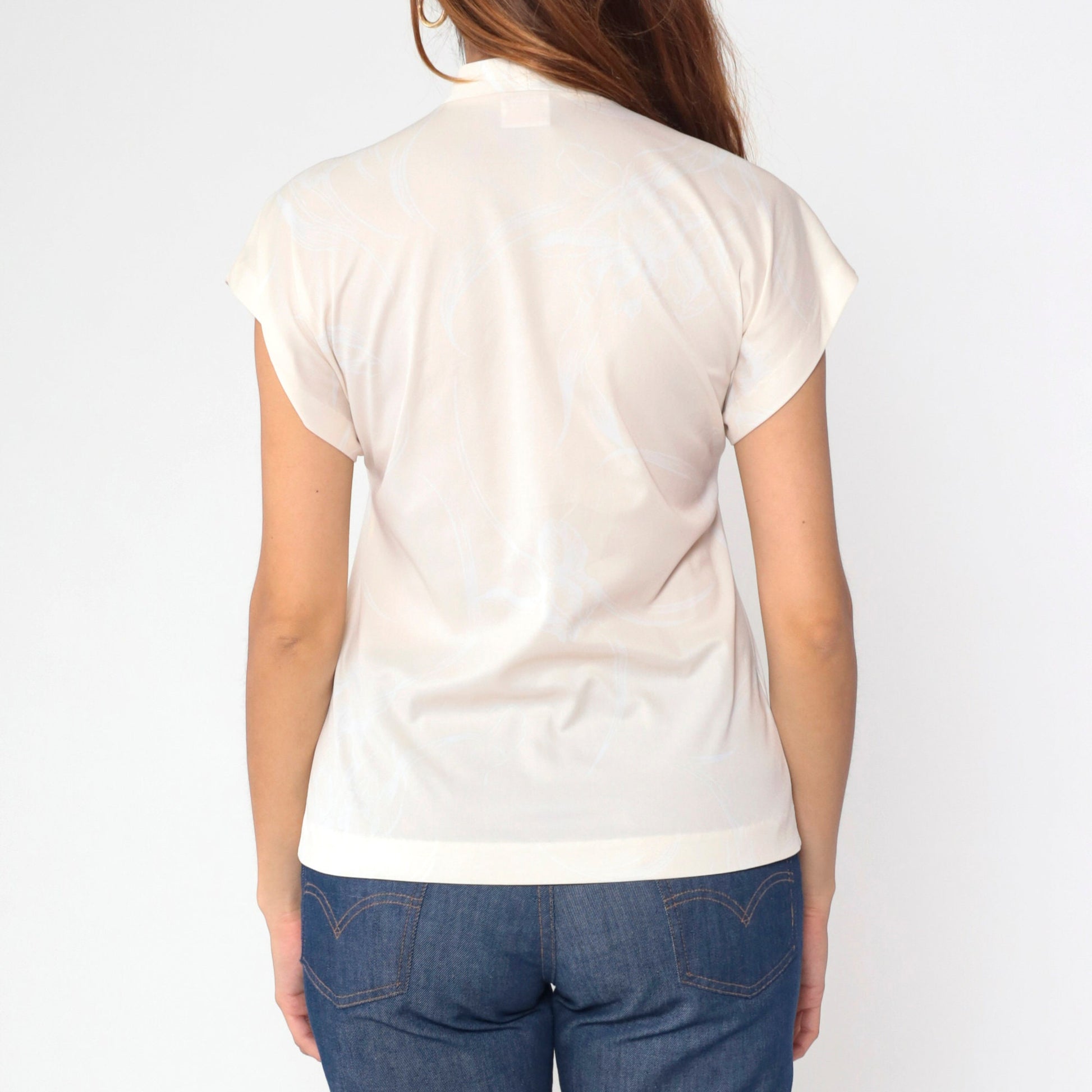 70s Graff Ascot Blouse Cream Abstract Print Button-Up Cap Sleeve Small