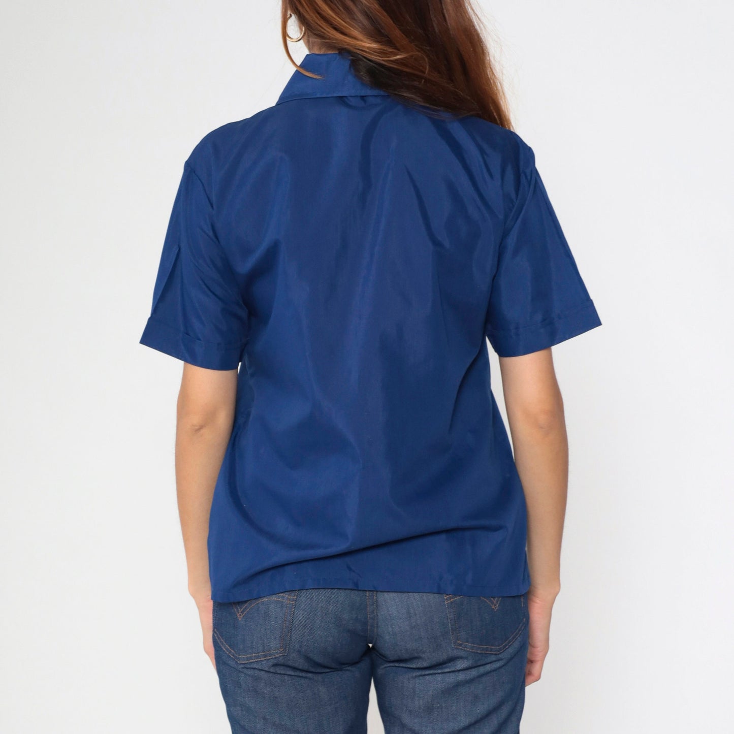 70s Navy Button-Up Shirt Pleated Dagger Collar Short Sleeve Medium