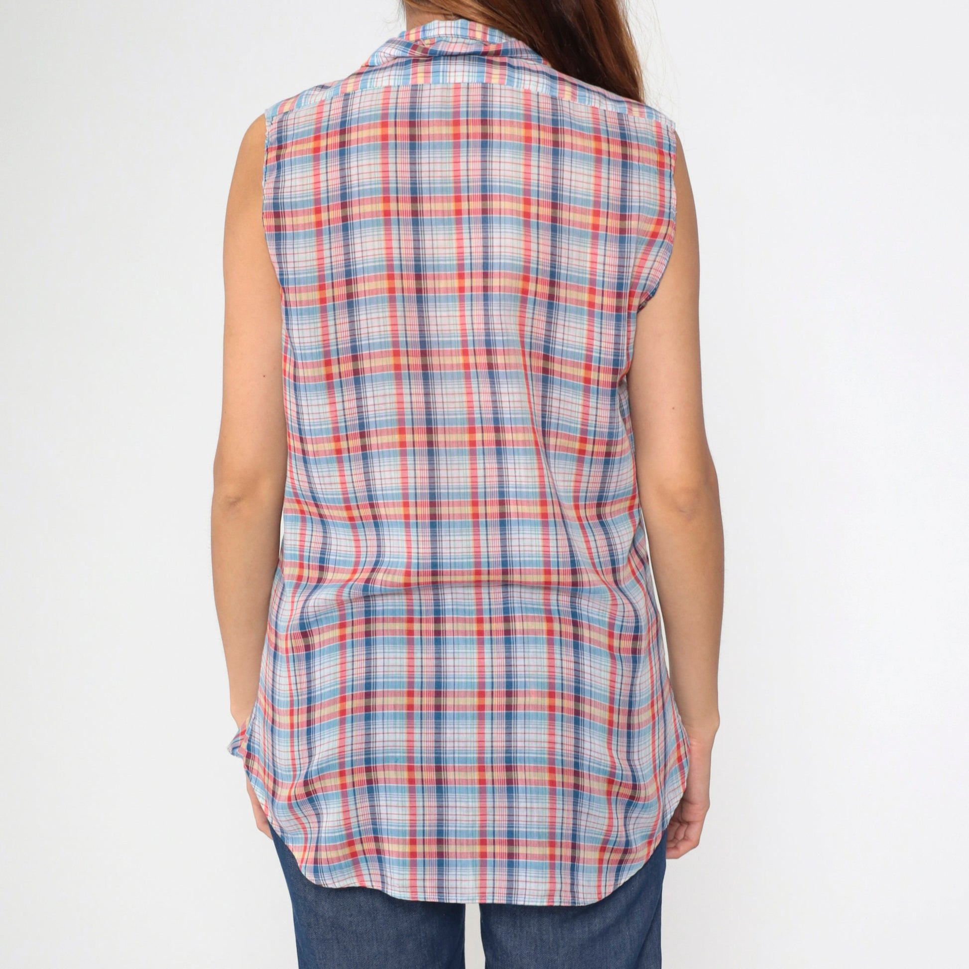 80s Plaid Sleeveless Button-Up Tank Top Red Blue Yellow White Medium Large