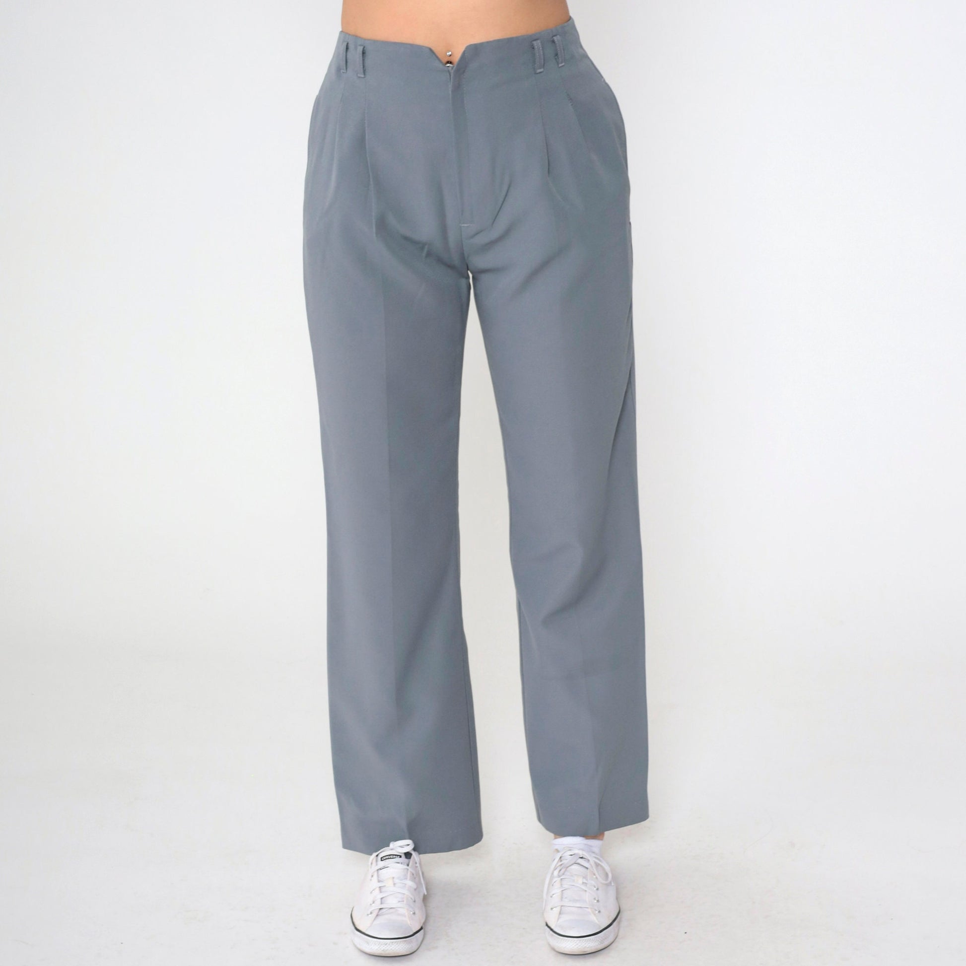 70s Grey Pleated High-Waist Straight Trousers Medium