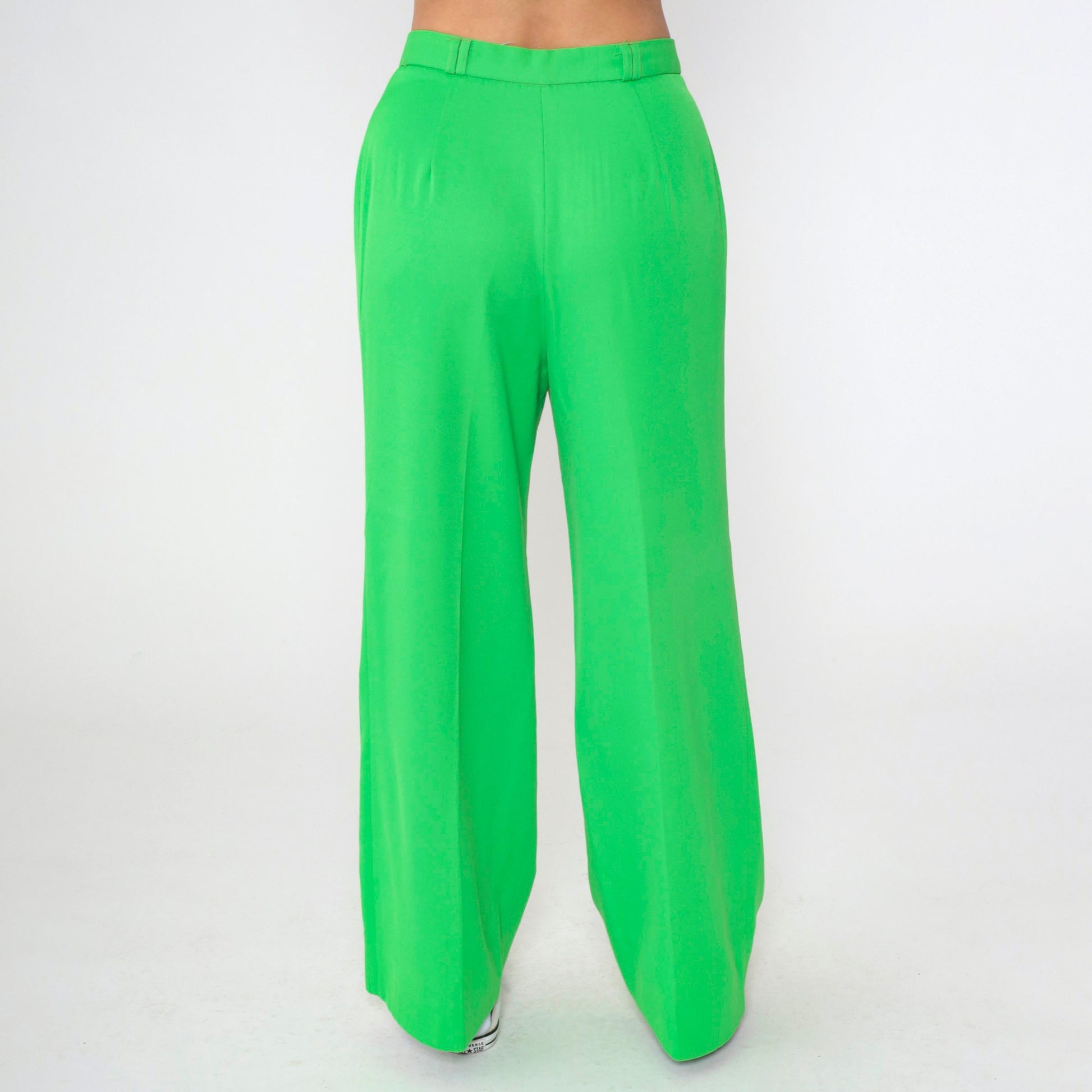 70s Bright Green Bell Bottom Pants High Waist Flared Trousers Medium