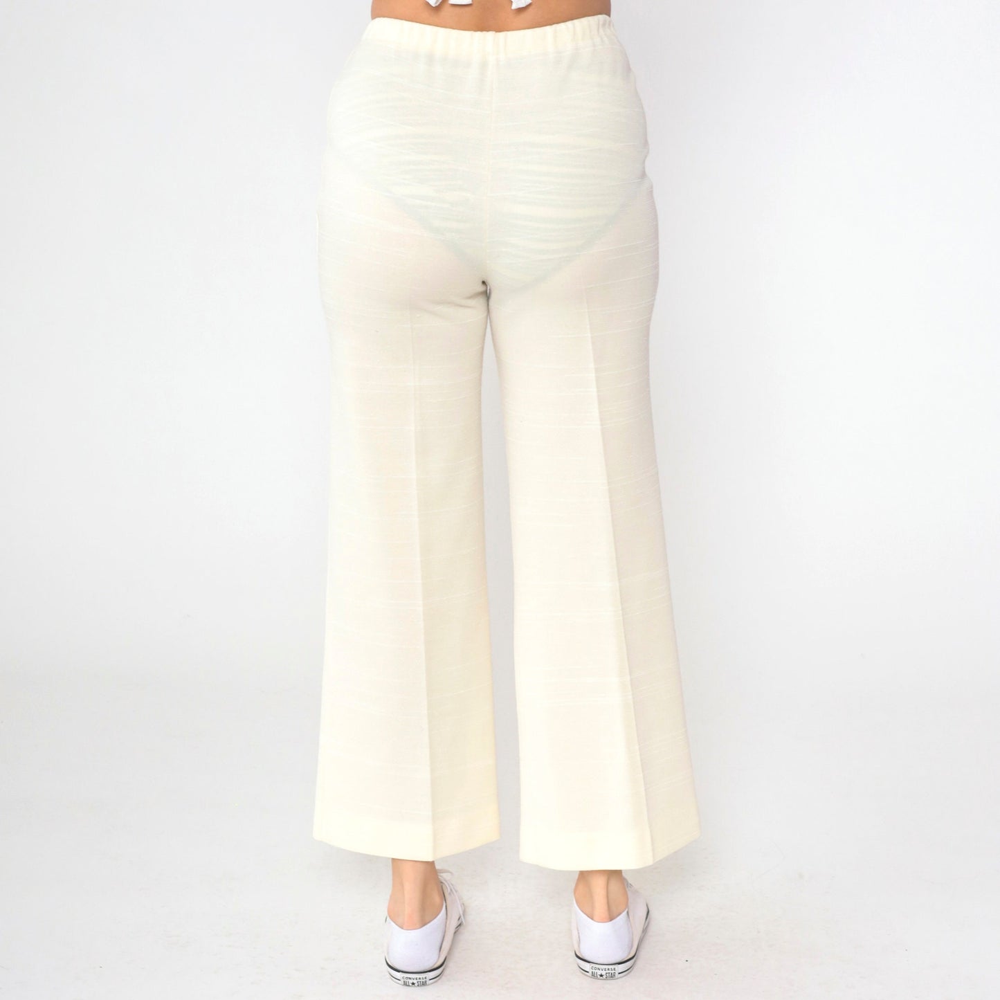 70s Cream Bell Bottom Pants High Waist Flared Leg Elastic Waist Small Medium