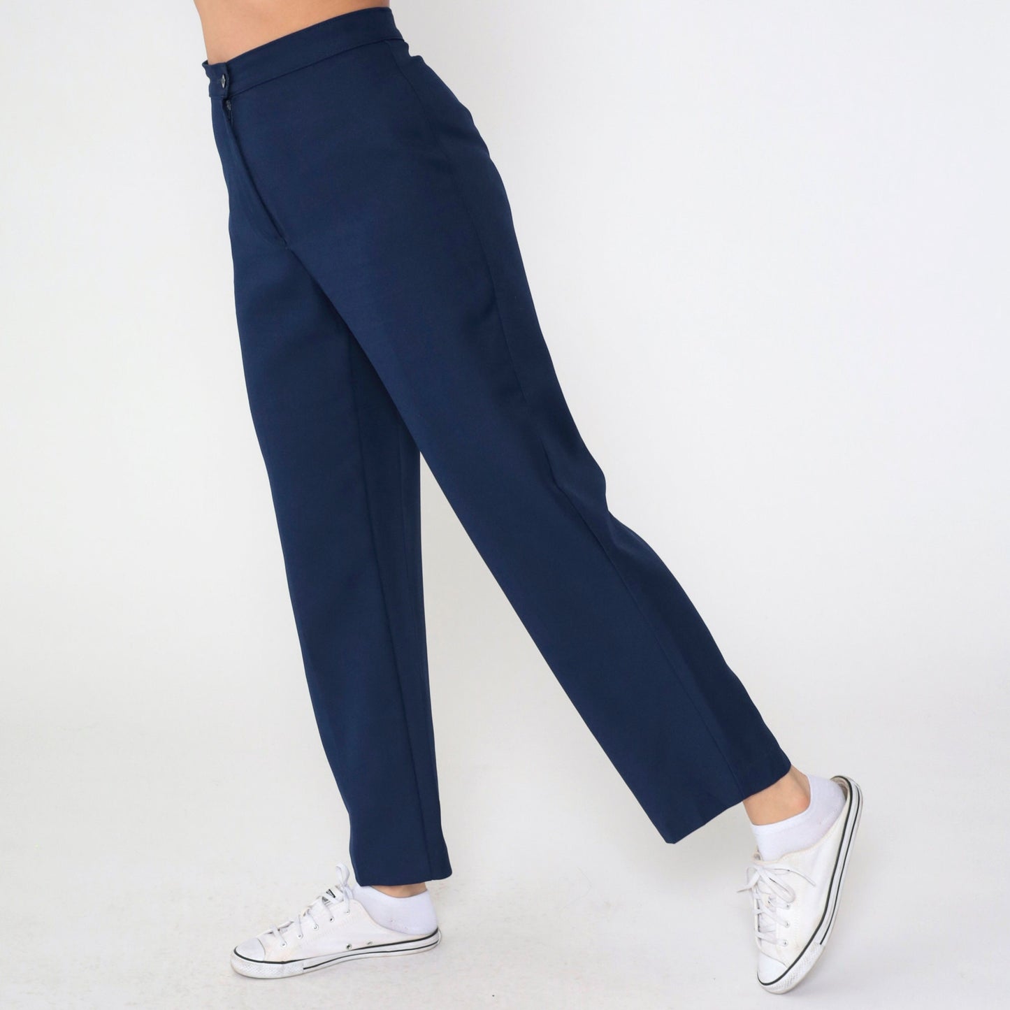 90s Navy Straight Leg High Rise Trousers Wool Blend Small 26