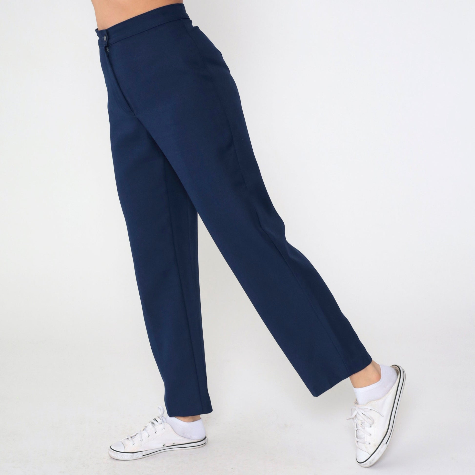 90s Navy Straight Leg High Rise Trousers Wool Blend Small 26
