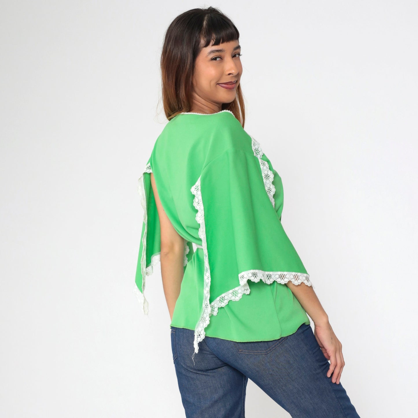 70s Lime Green Angel Sleeve Blouse White Lace Trim Drawstring Medium M