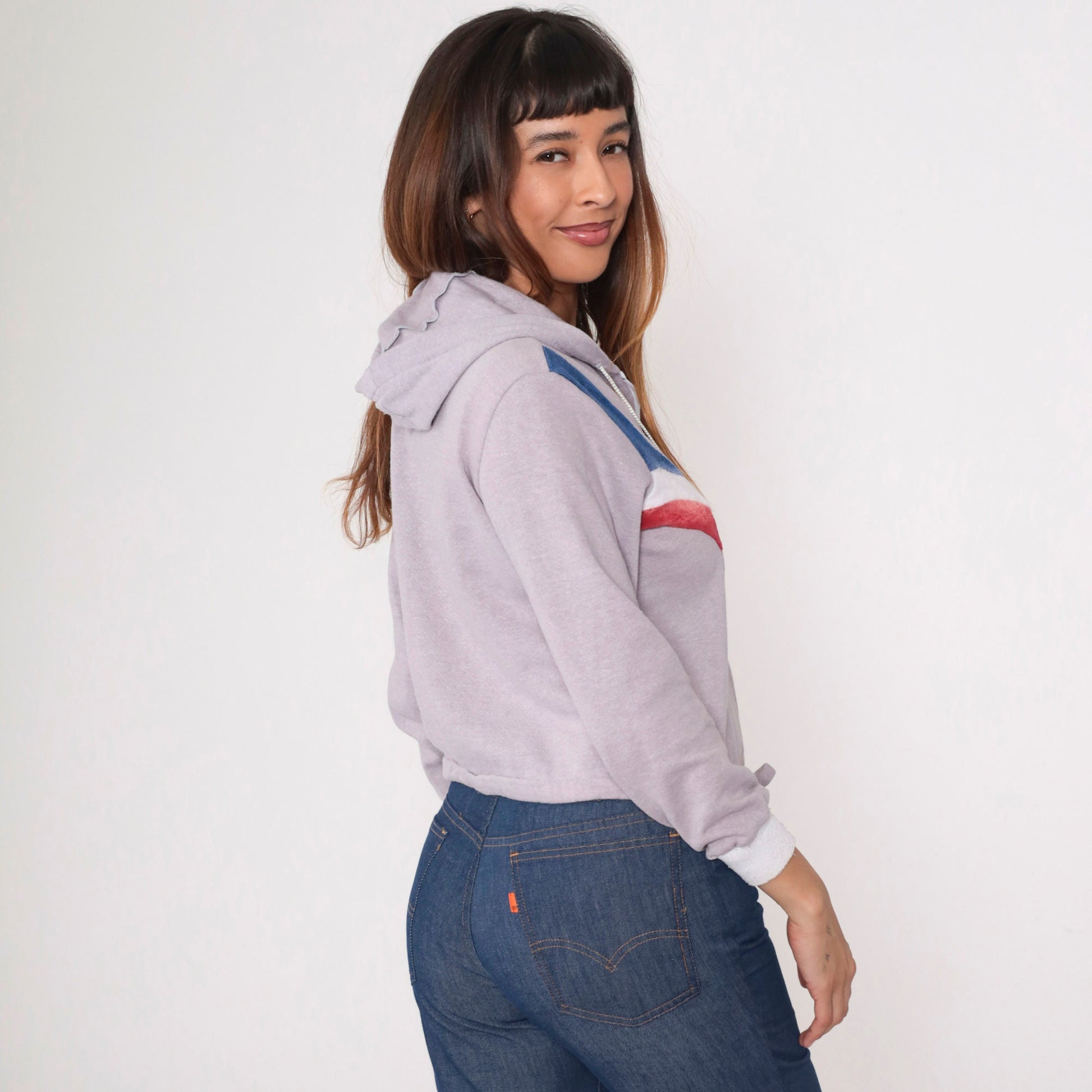 80s Aspen Hooded Track Jacket Grey Velour Striped Zip-Up Hoodie Small