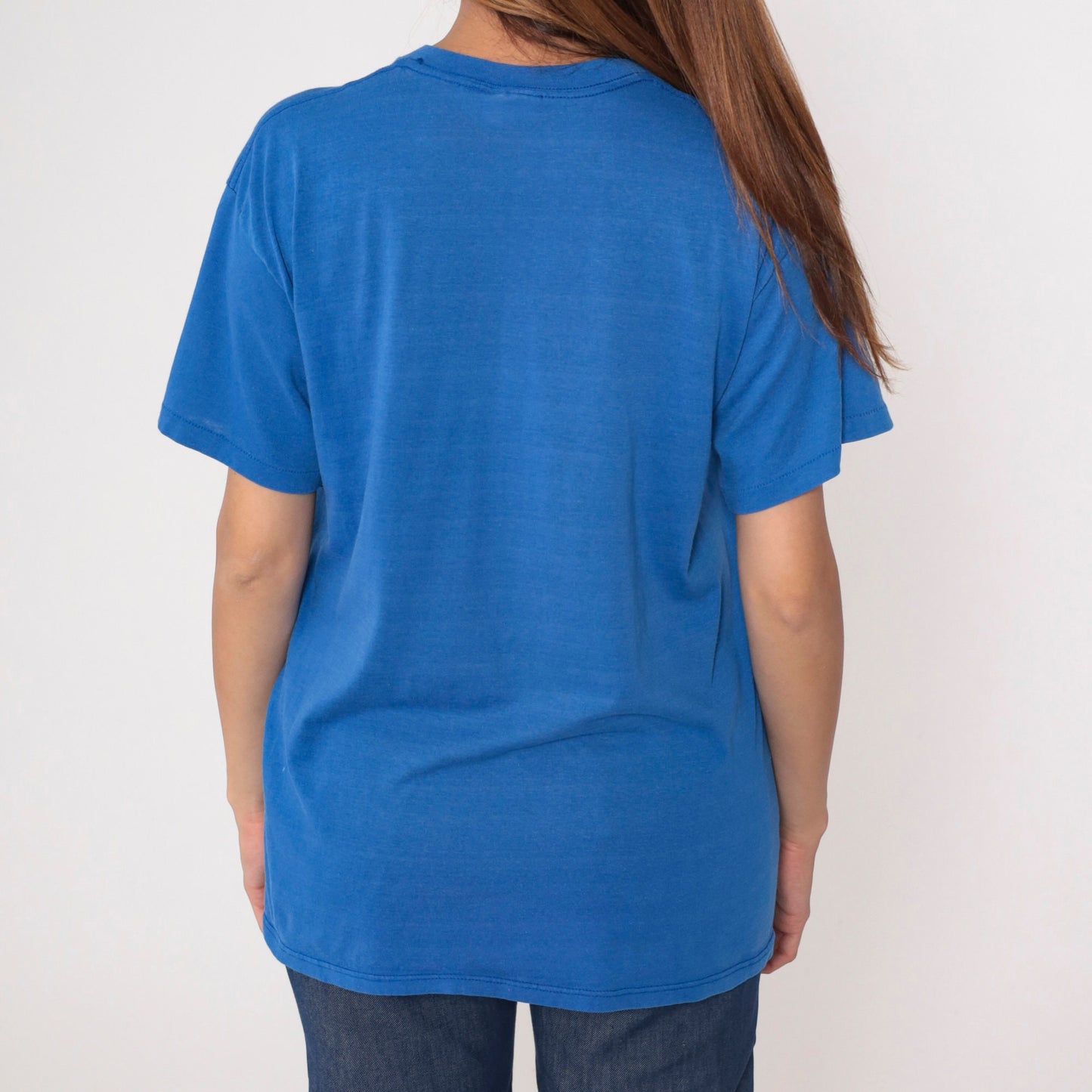 80s Blue Striped Pocket T-Shirt Cotton Blend Crewneck Medium