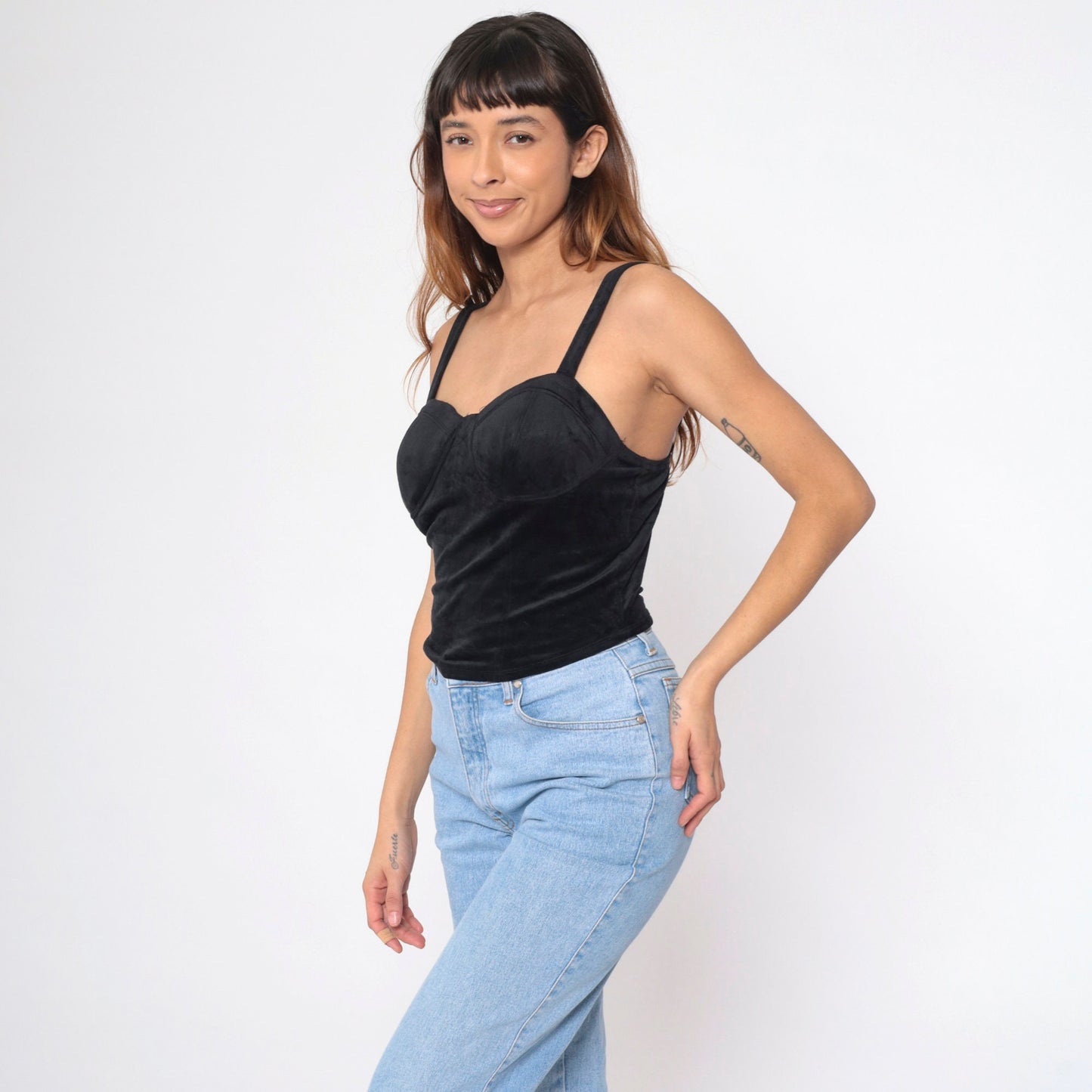 90s Black Velvet Stretch Tank Top Bustier Sleeveless Blouse Extra Small