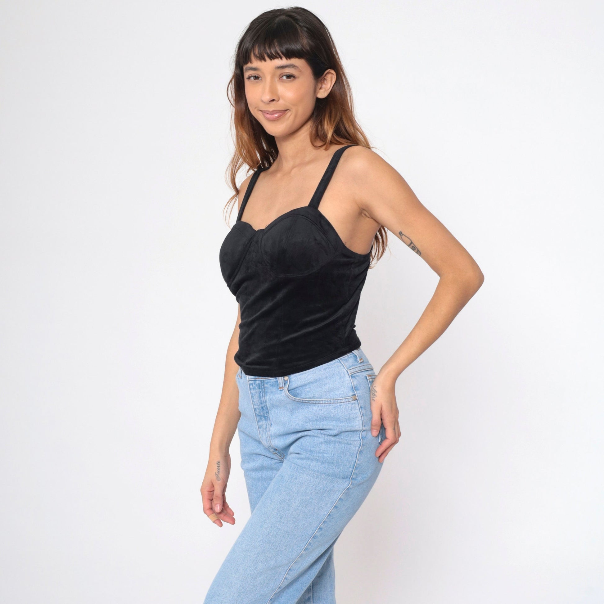 90s Black Velvet Stretch Tank Top Bustier Sleeveless Blouse Extra Small