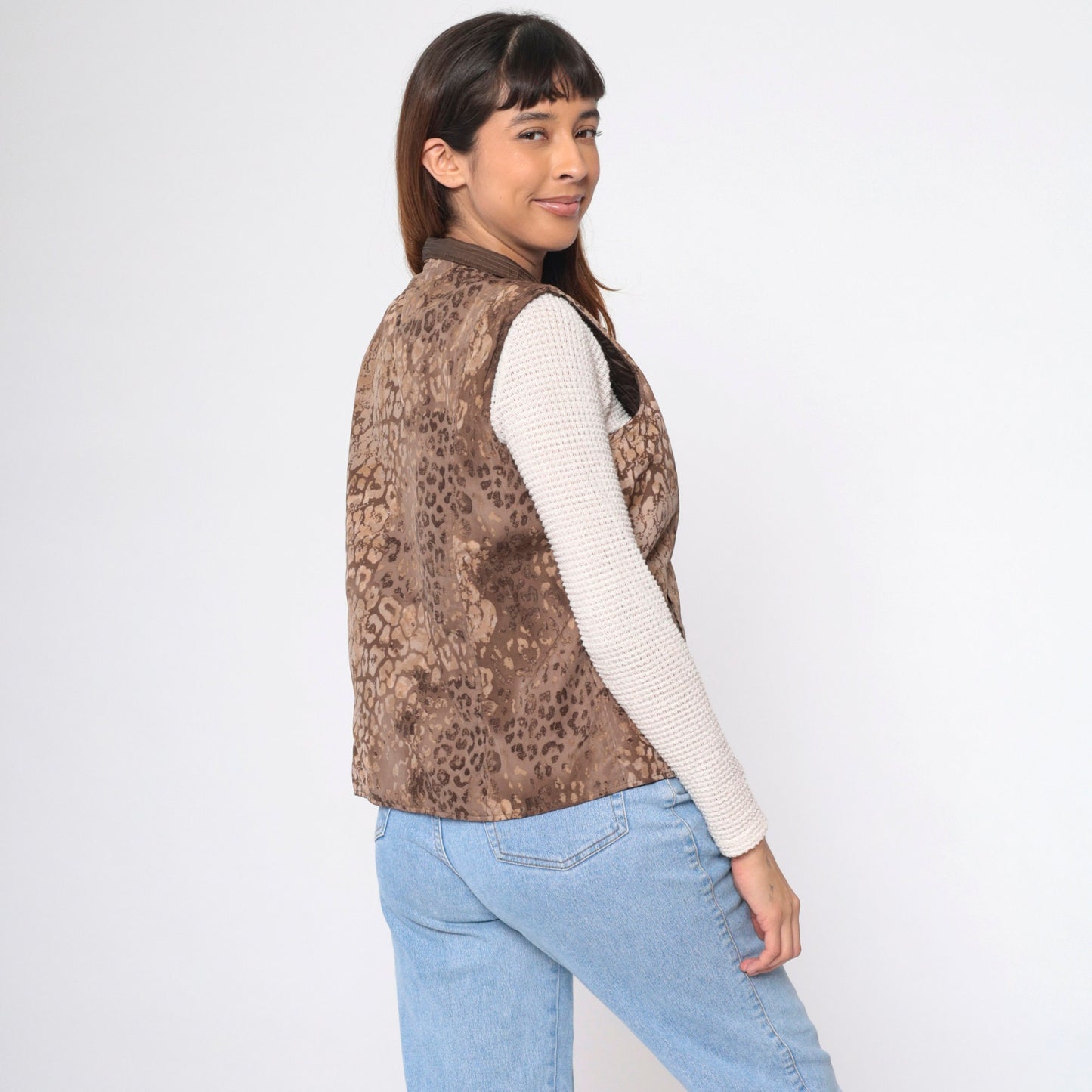 90s Leopard & Brown Reversible Quilted Vest Zip-Up Small