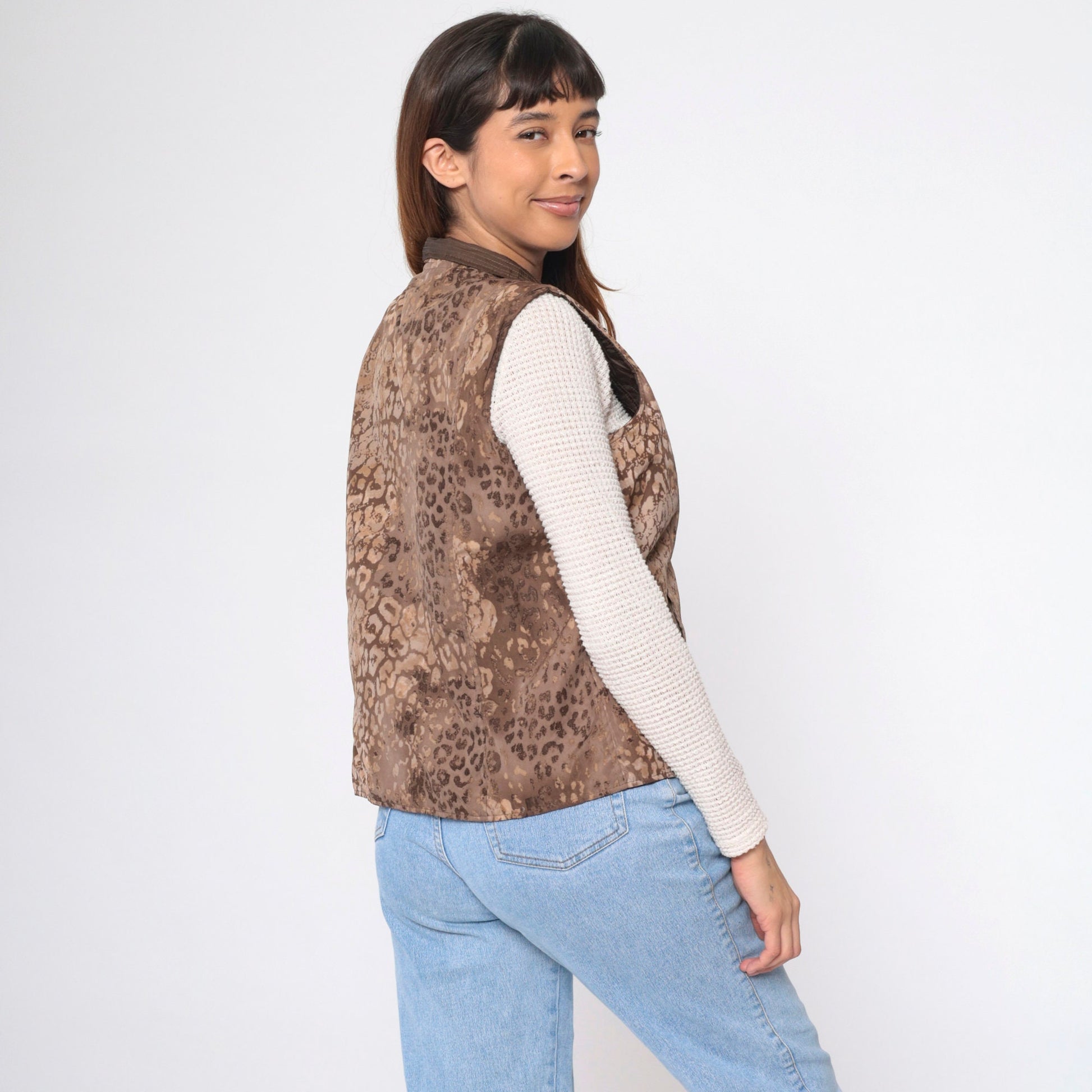 90s Leopard & Brown Reversible Quilted Vest Zip-Up Small