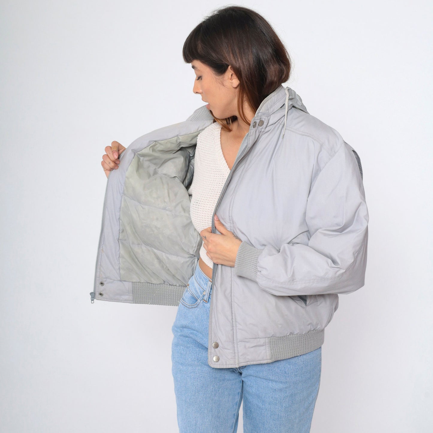 Members Only Down Jacket 80s Grey Hooded Ski Puffer Coat Medium