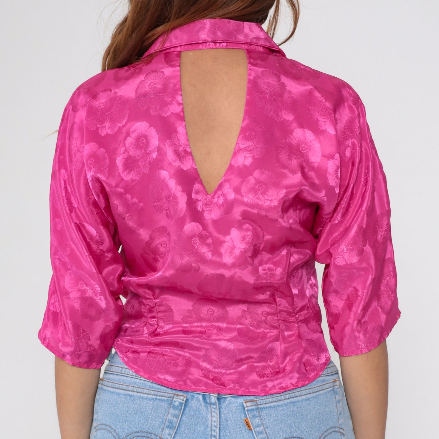 80s Fuchsia Satin Floral Blouse Keyhole Back Pearl Button 1/2 Sleeve Medium