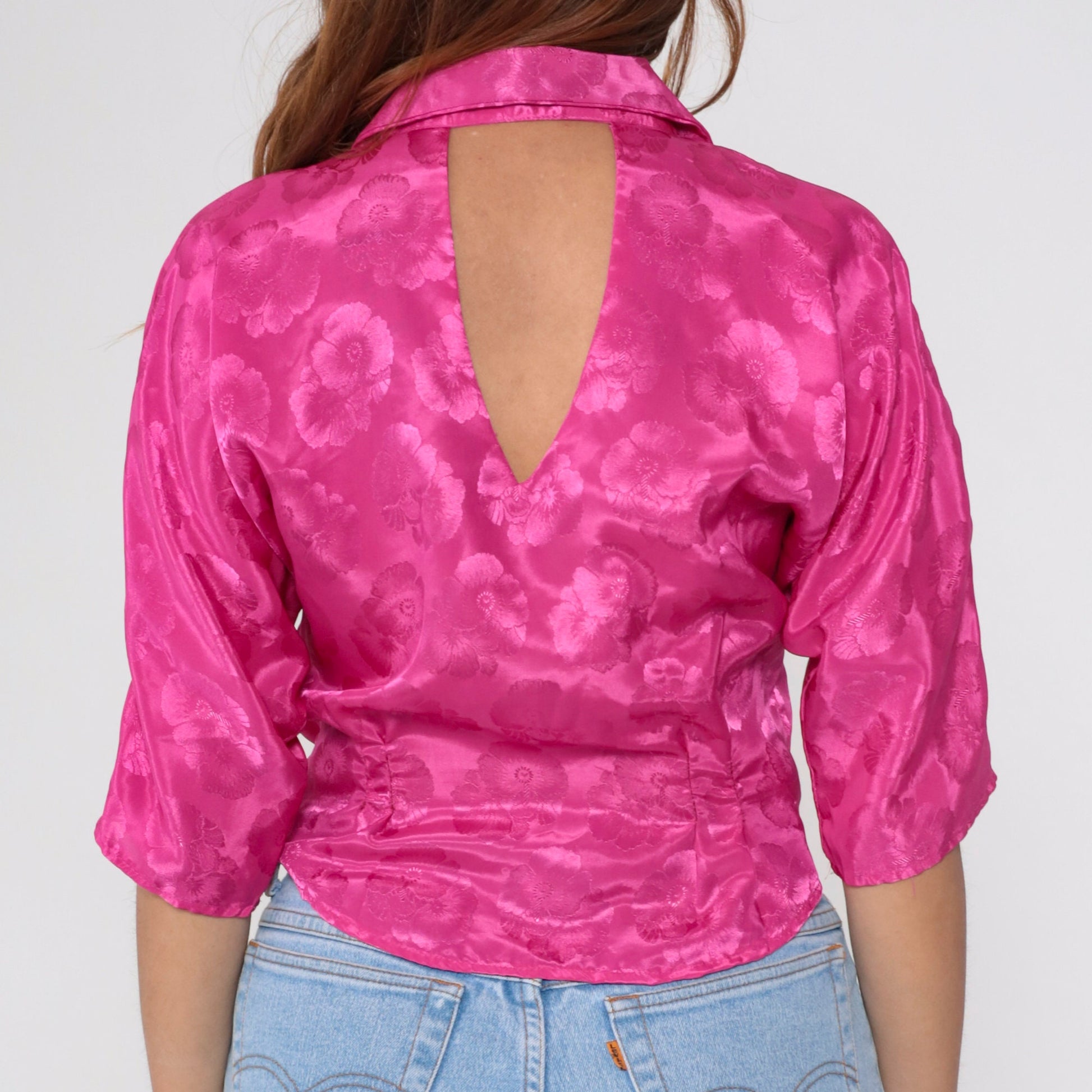 80s Fuchsia Satin Floral Blouse Keyhole Back Pearl Button 1/2 Sleeve Medium