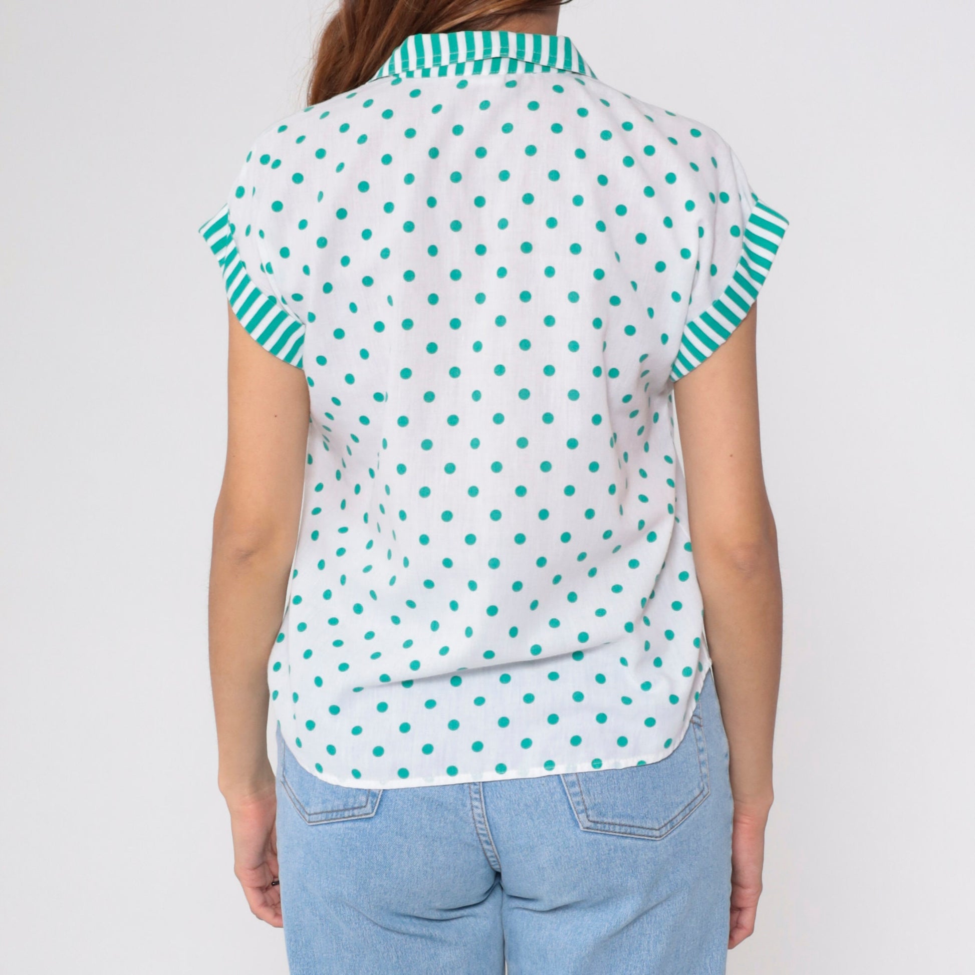 80s White Polka Dot Blouse Green Striped Collar Button Up Cap Sleeve Medium