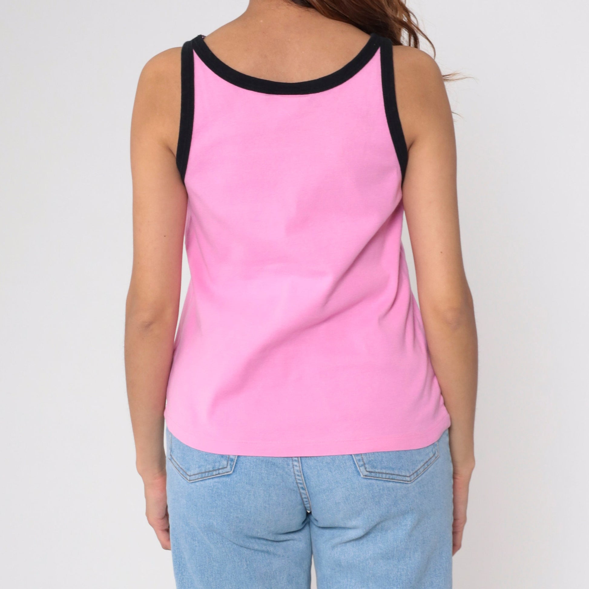 00s Betty Boop Tank Top 'What A Betty' Glitter Graphic Pink Black Ringer Medium