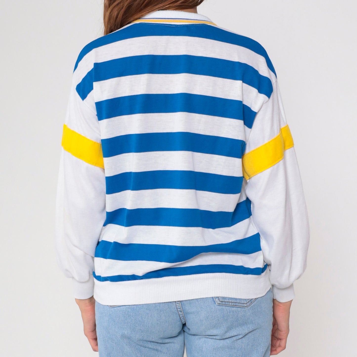 80s Blue White Striped Collared Shirt Yellow Trim Long Sleeve Medium