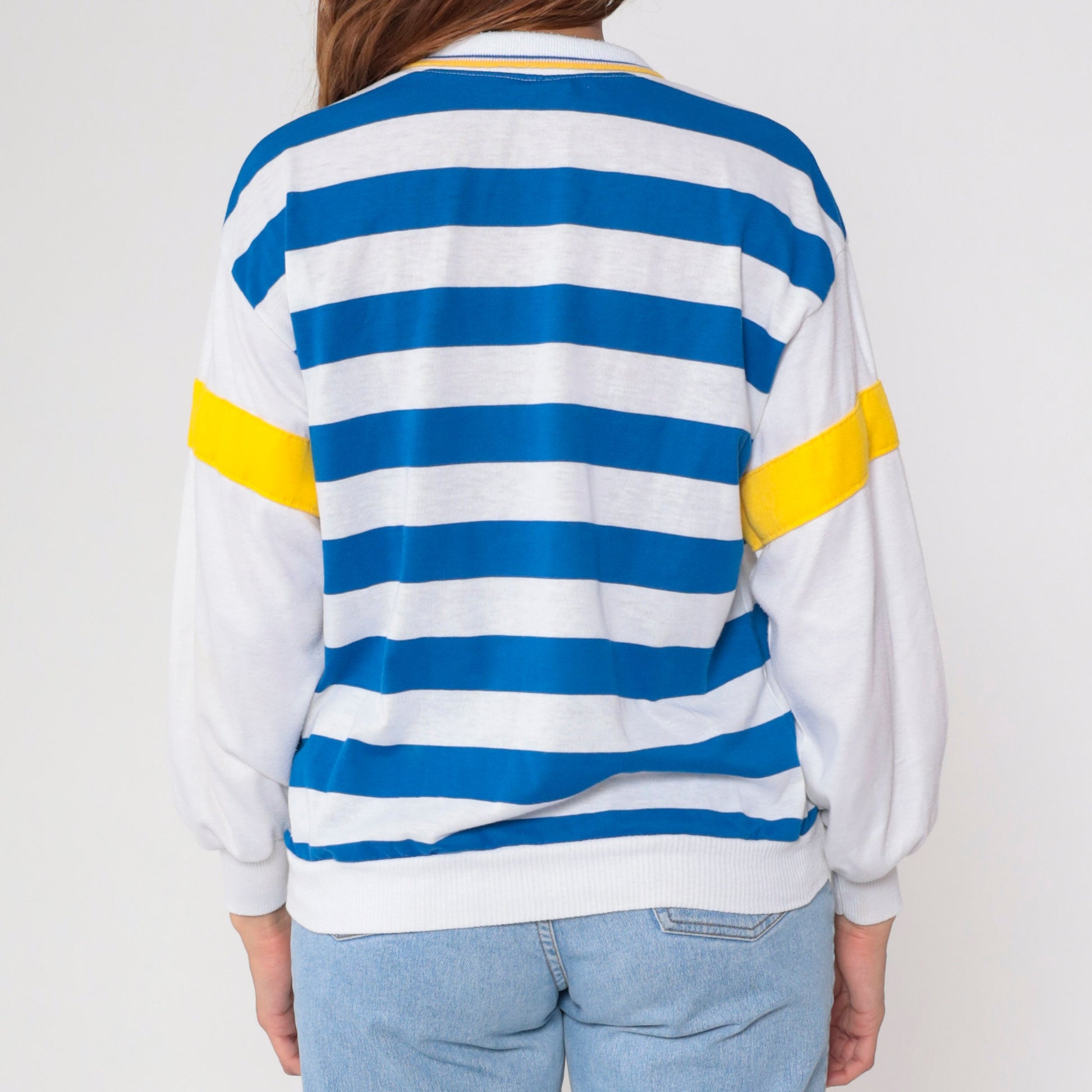 80s Blue White Striped Collared Shirt Yellow Trim Long Sleeve Medium
