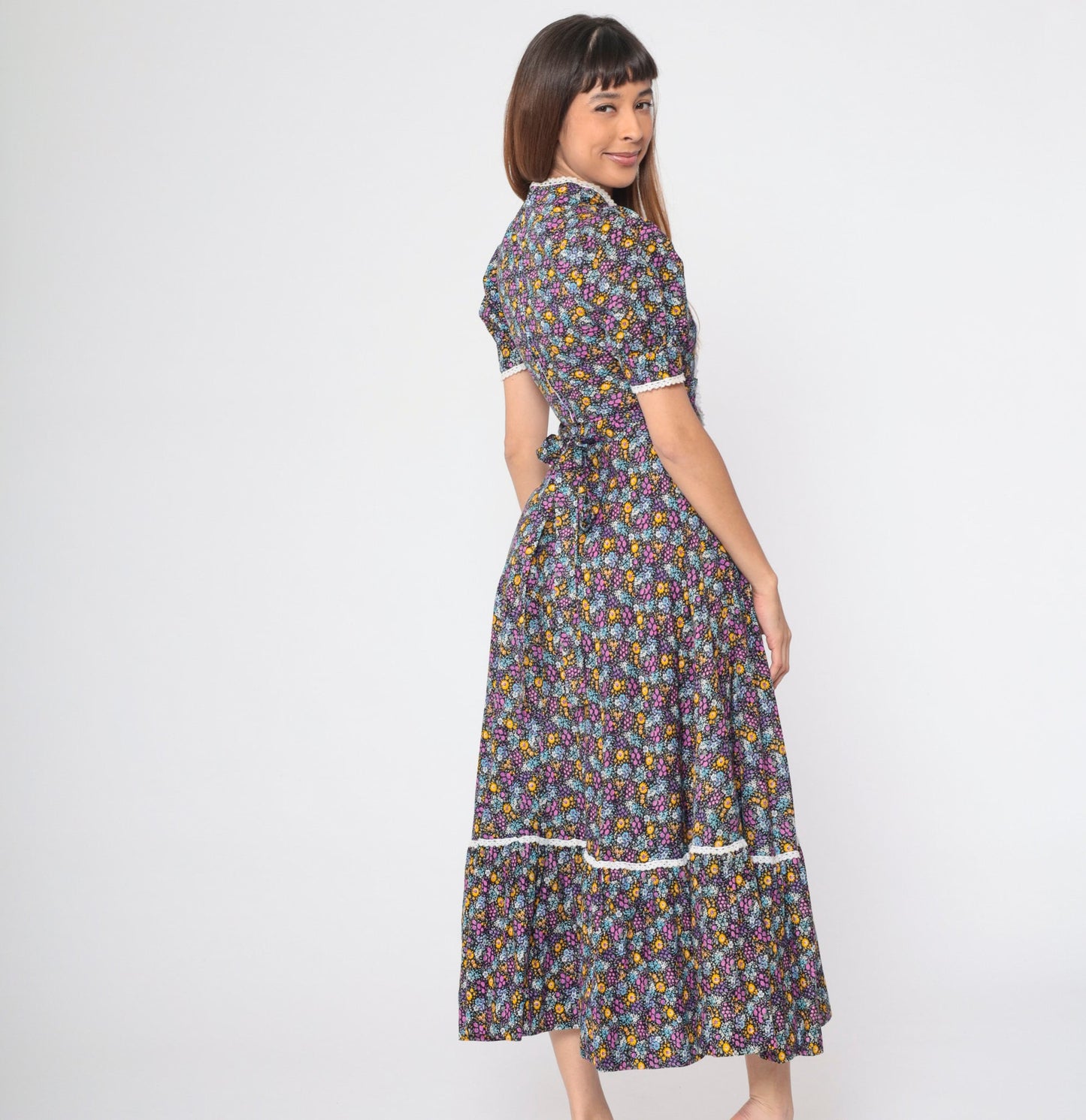 70s Calico Floral Maxi Dress Lace-Up Puff Sleeve Prairie Ankle Length XS