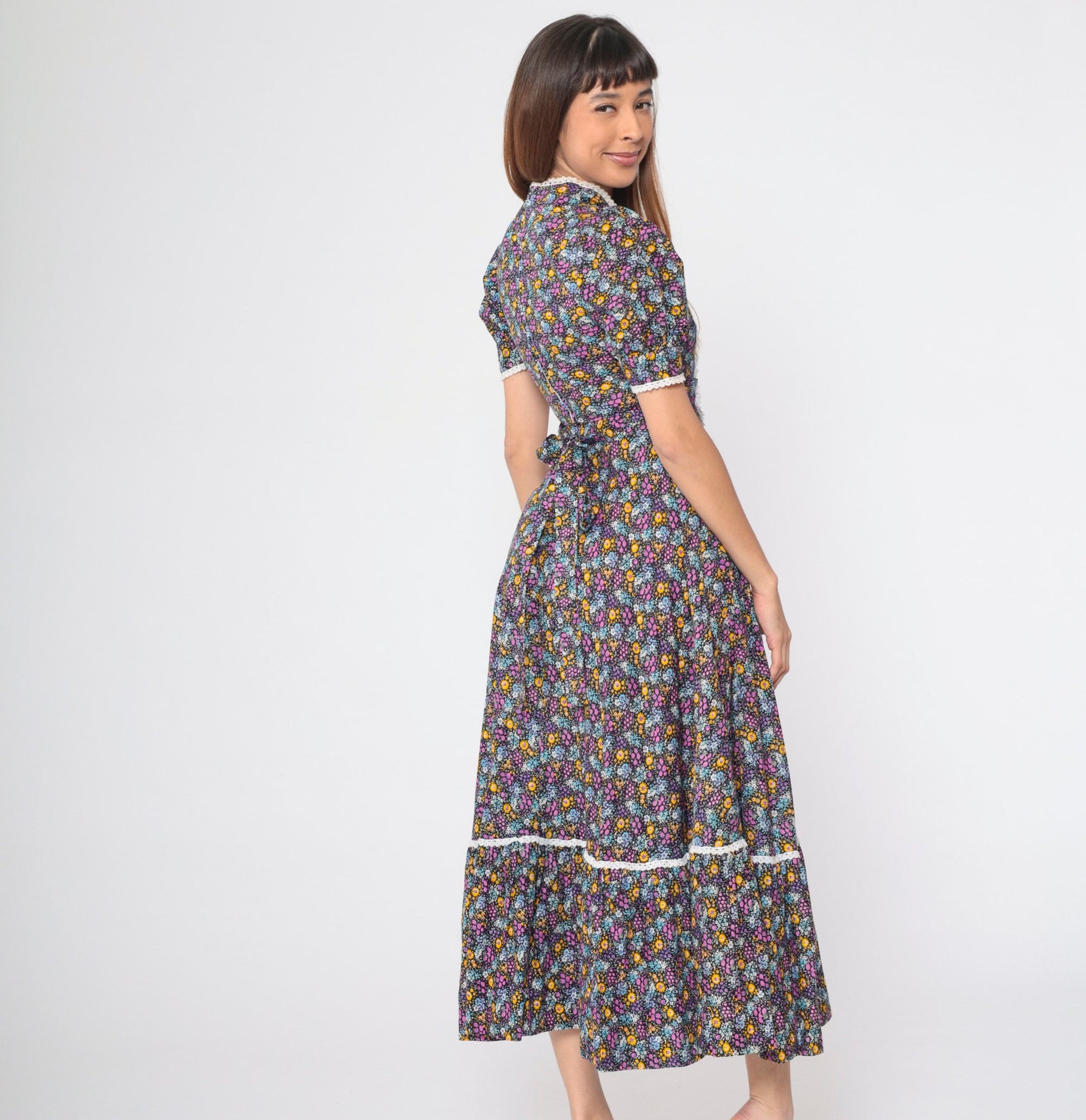 70s Calico Floral Maxi Dress Lace-Up Puff Sleeve Prairie Ankle Length XS